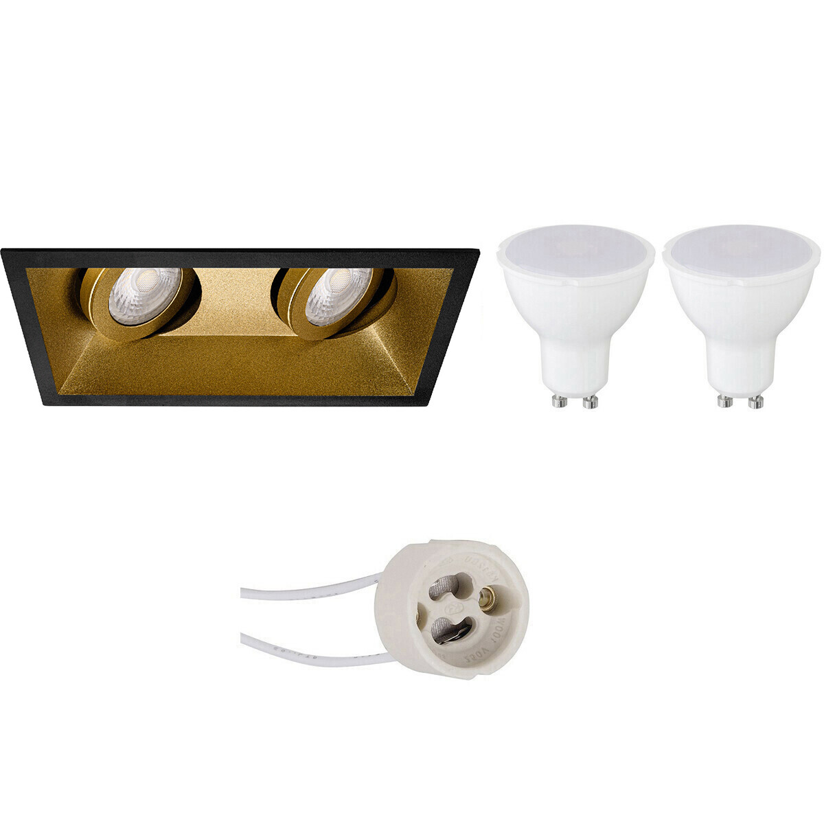 LED Spot Set - Pragmi Zano Pro - GU10 Fitting - Inbouw Rechthoek Dubbel - Mat Zwart/Goud - 4W - Warm Wit 3000K - Kantelbaar - 185x93mm