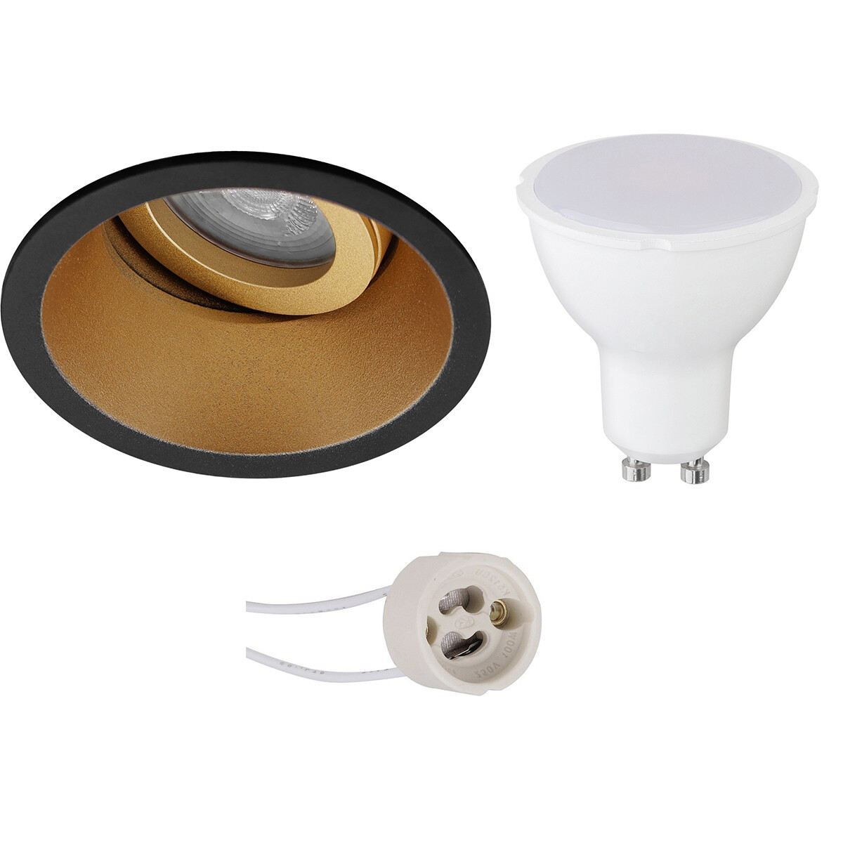 LED Spot Set - Pragmi Zano Pro - GU10 Fitting - Inbouw Rond - Mat Zwart/Goud - 4W - Helder/Koud Wit 6400K - Kantelbaar - Ø93mm