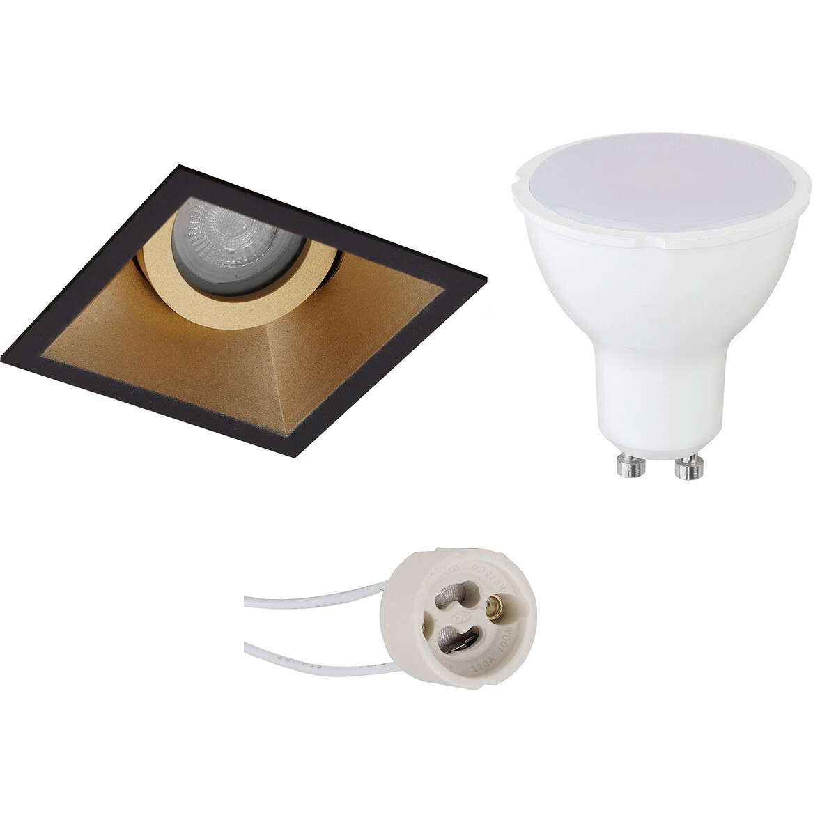 LED Spot Set - Pragmi Zano Pro - GU10 Fitting - Dimbaar - Inbouw Vierkant - Mat Zwart/Goud - 6W - Helder/Koud Wit 6400K - Kantelbaar - 93mm