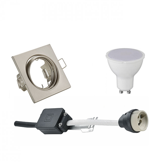 LED Spot Set Trion GU10 Fitting Inbouw Vierkant Mat Nikkel 4W Warm Wit 3000K Kantelbaar 80mm