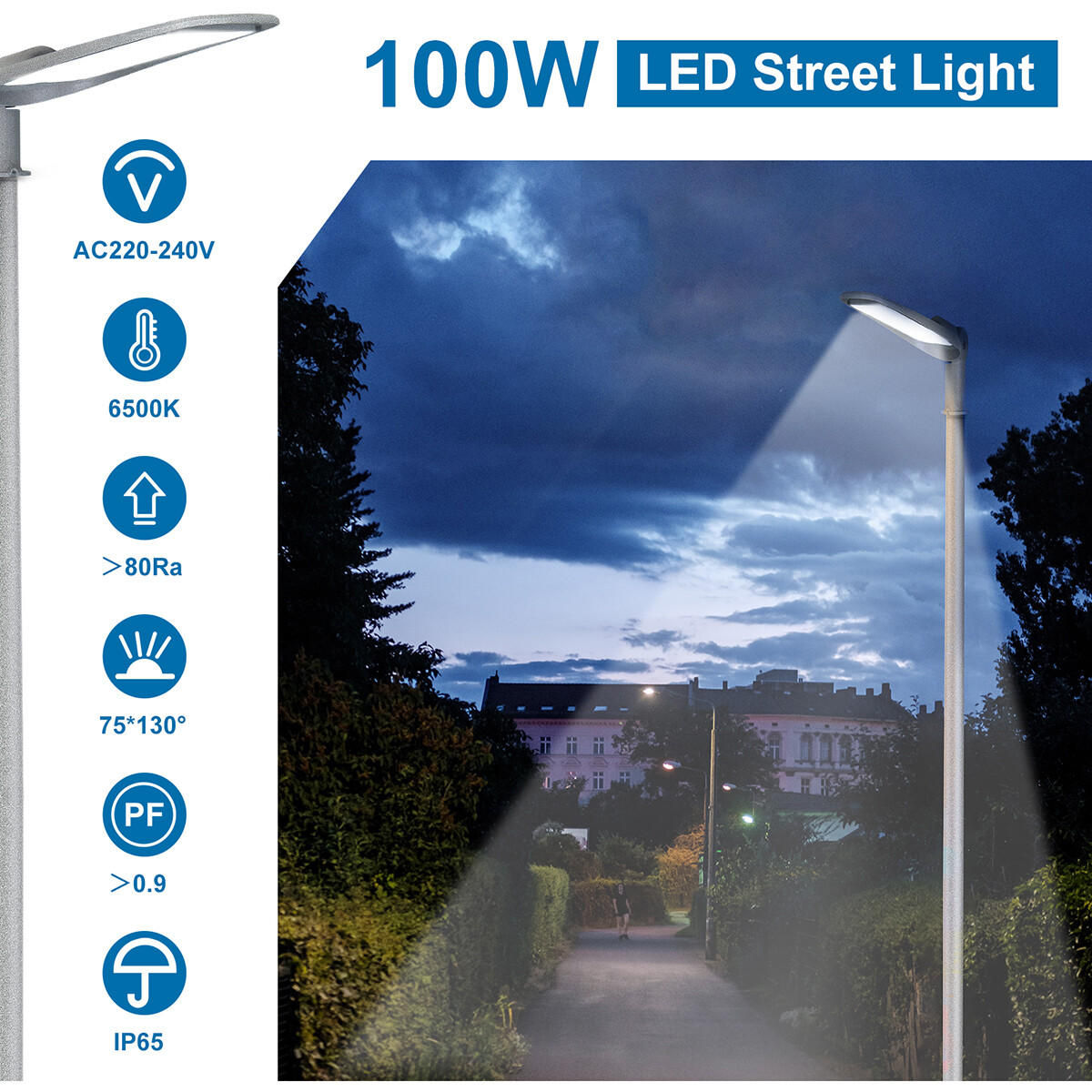 LED Straatlamp - Straatverlichting - Aigi Animo - 100W - Helder/Koud Wit 6500K - Waterdicht IP65 - Mat Grijs - Aluminium