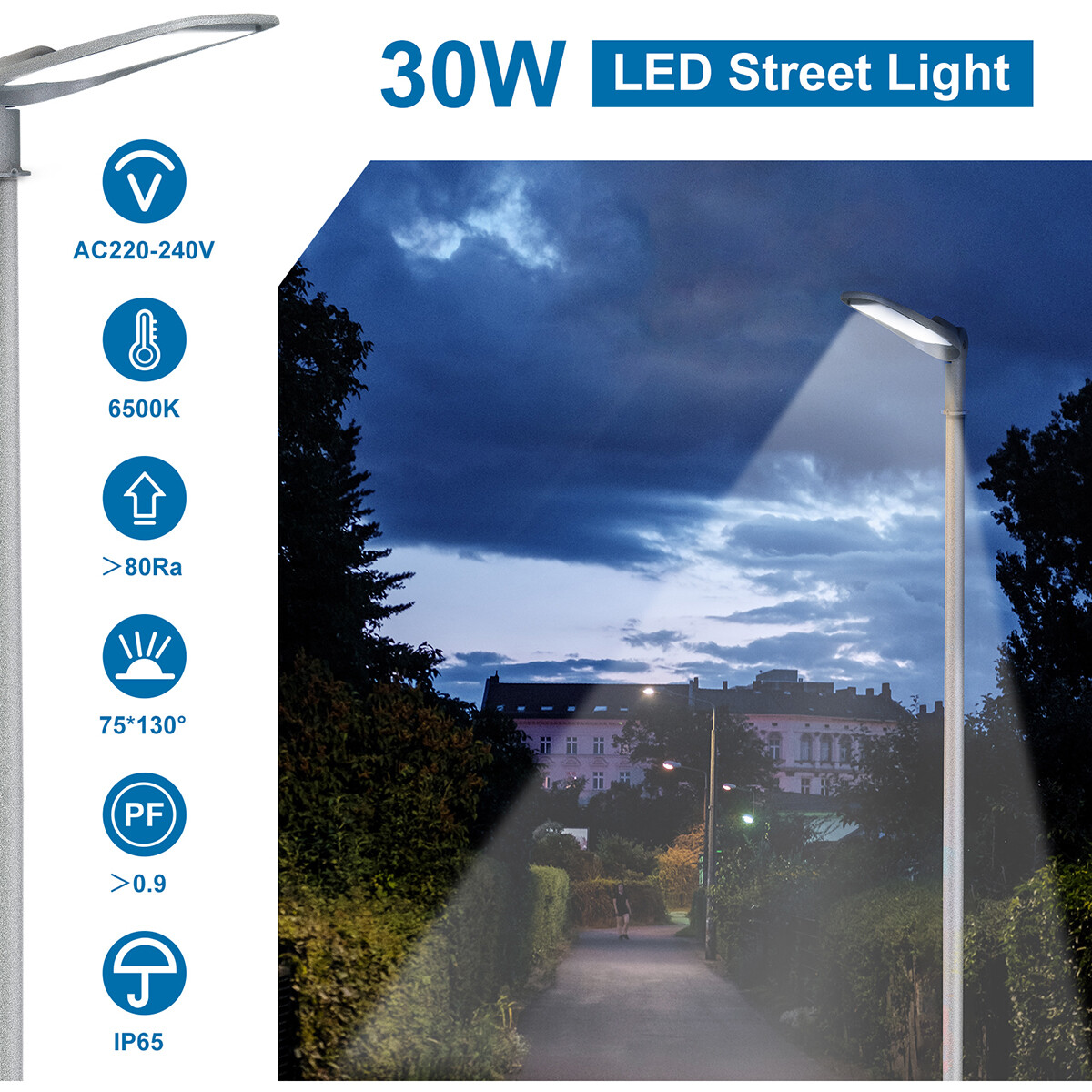 LED Straatlamp - Straatverlichting - Aigi Animo - 30W - Helder/Koud Wit 6500K - Waterdicht IP65 - Mat Grijs - Aluminium