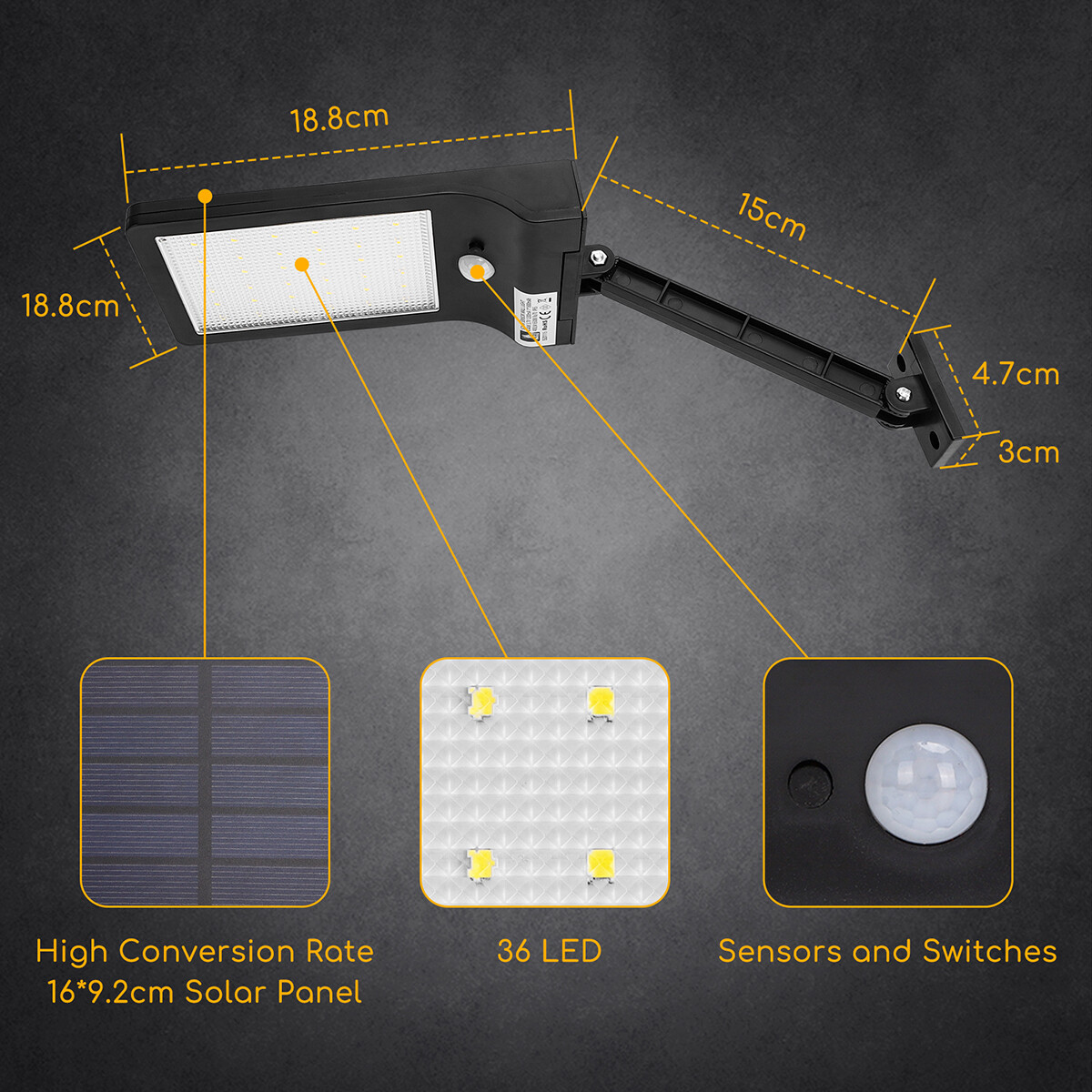 LED Straatlamp Solar - Straatverlichting - Aigi Sinwy - Zonne-energie - 2.3W - Helder/Koud Wit 6500K - Waterdicht IP65 - Mat Zwart - Kunststof