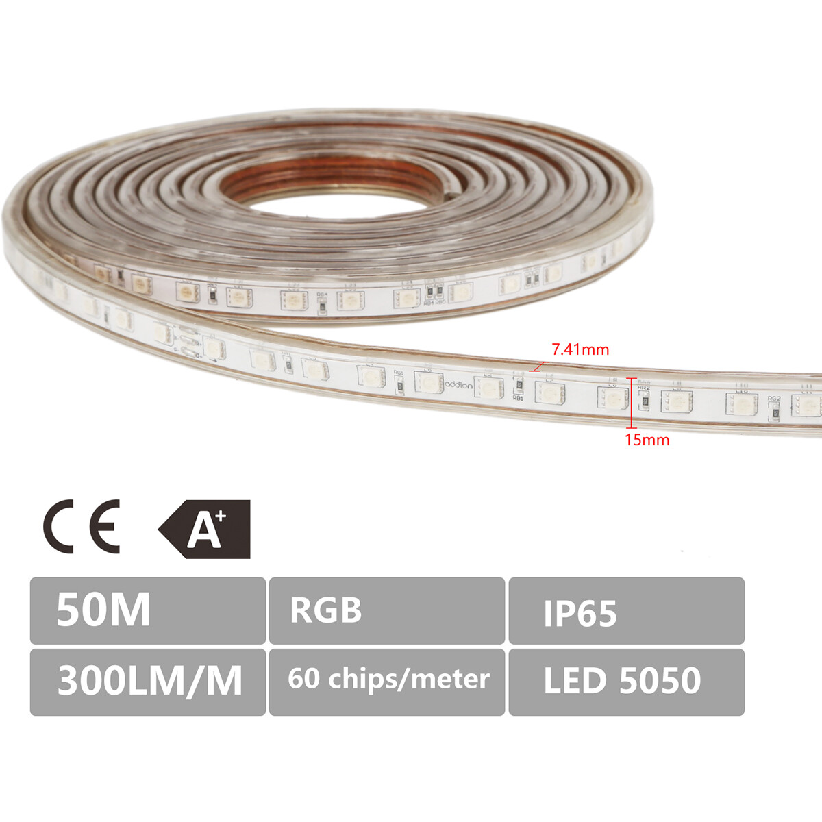 LED Strip - Aigi Strabo - 50 Meter - IP65 Waterdicht - Helder/Koud Wit 6500K - 5050 SMD 230V