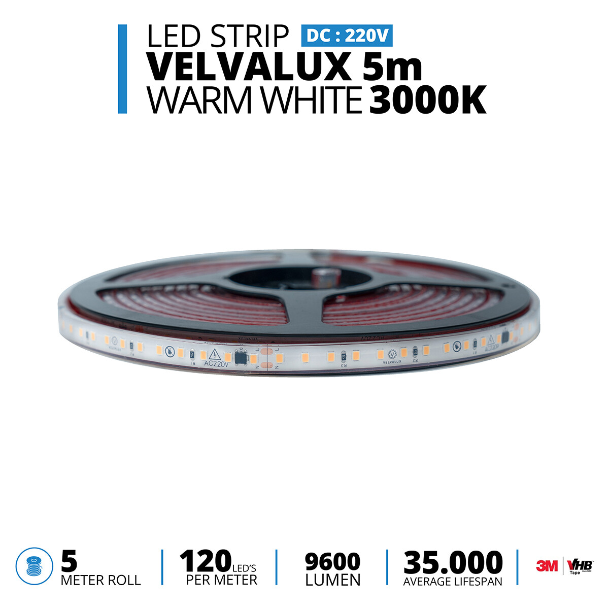 LED Strip - Velvalux - 5 Meter - Warm Wit 3000K - Dimbaar - Waterdicht IP67 - 9600 Lumen - 600 LEDs - Directe Aansluiting op Netstroom - Werkt zonder Driver