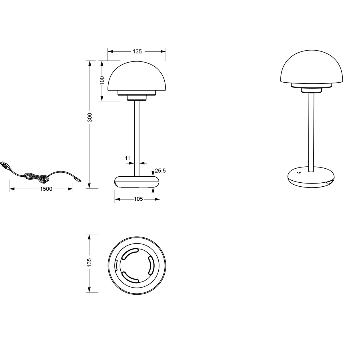 LED Tafellamp met Opbaadbare Batterijen - Trion Berna - 2W - Warm Wit 3000K - Spatwaterdicht IP44 - Dimbaar - Rond - Mat Groen - Kunststof