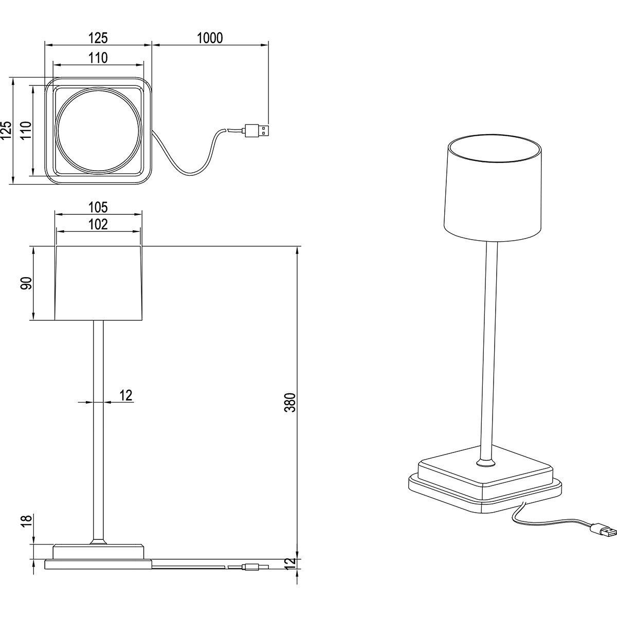 LED Tafellamp met Opbaadbare Batterijen - Trion Ferno - 1.5W - Aanpasbare Kleurtemperatuur - Waterdicht IP54 - Vierkant - Zwart