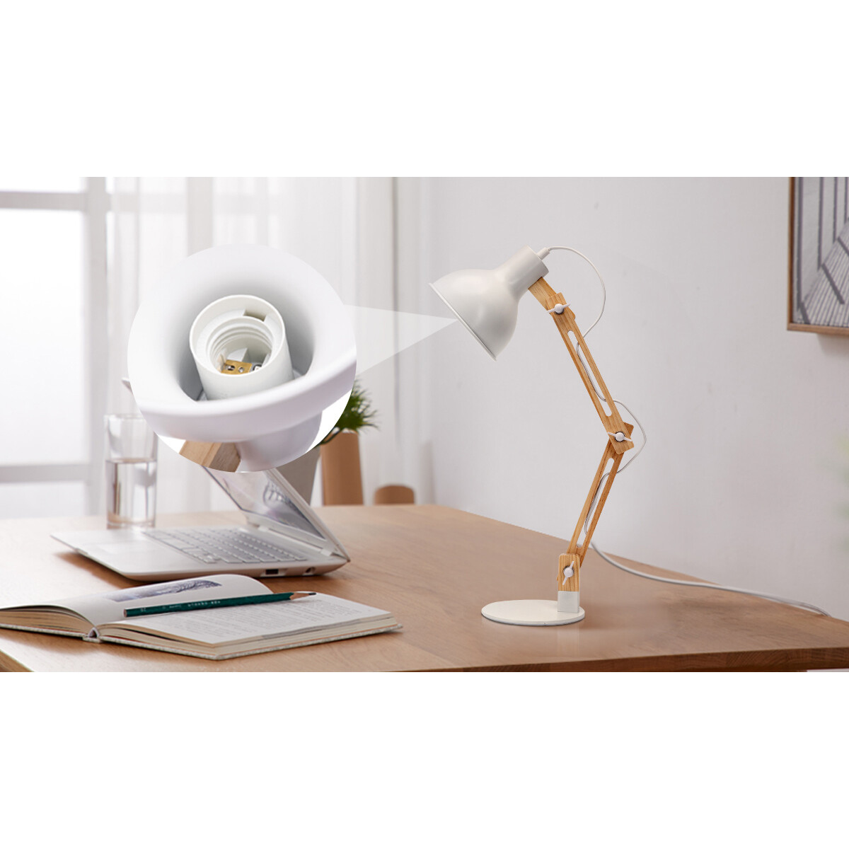 LED Bureaulamp - Aigi Julia - E27 Fitting - Rond - Mat Grijs/Bruin - Hout