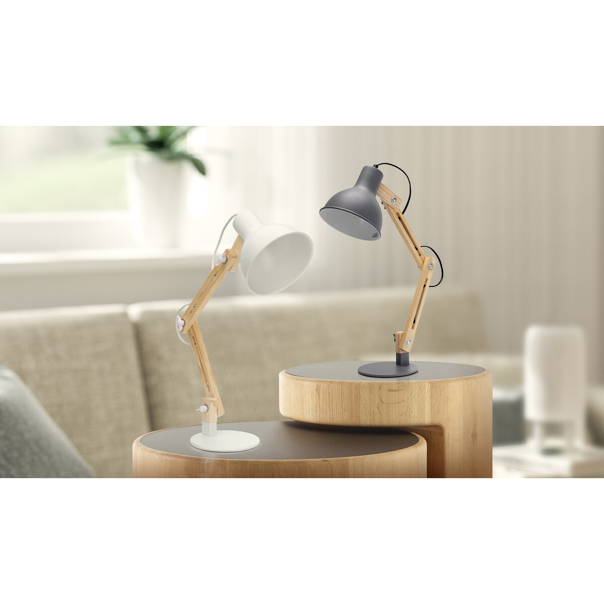 LED Bureaulamp - Aigi Julia - E27 Fitting - Rond - Mat Grijs/Bruin - Hout