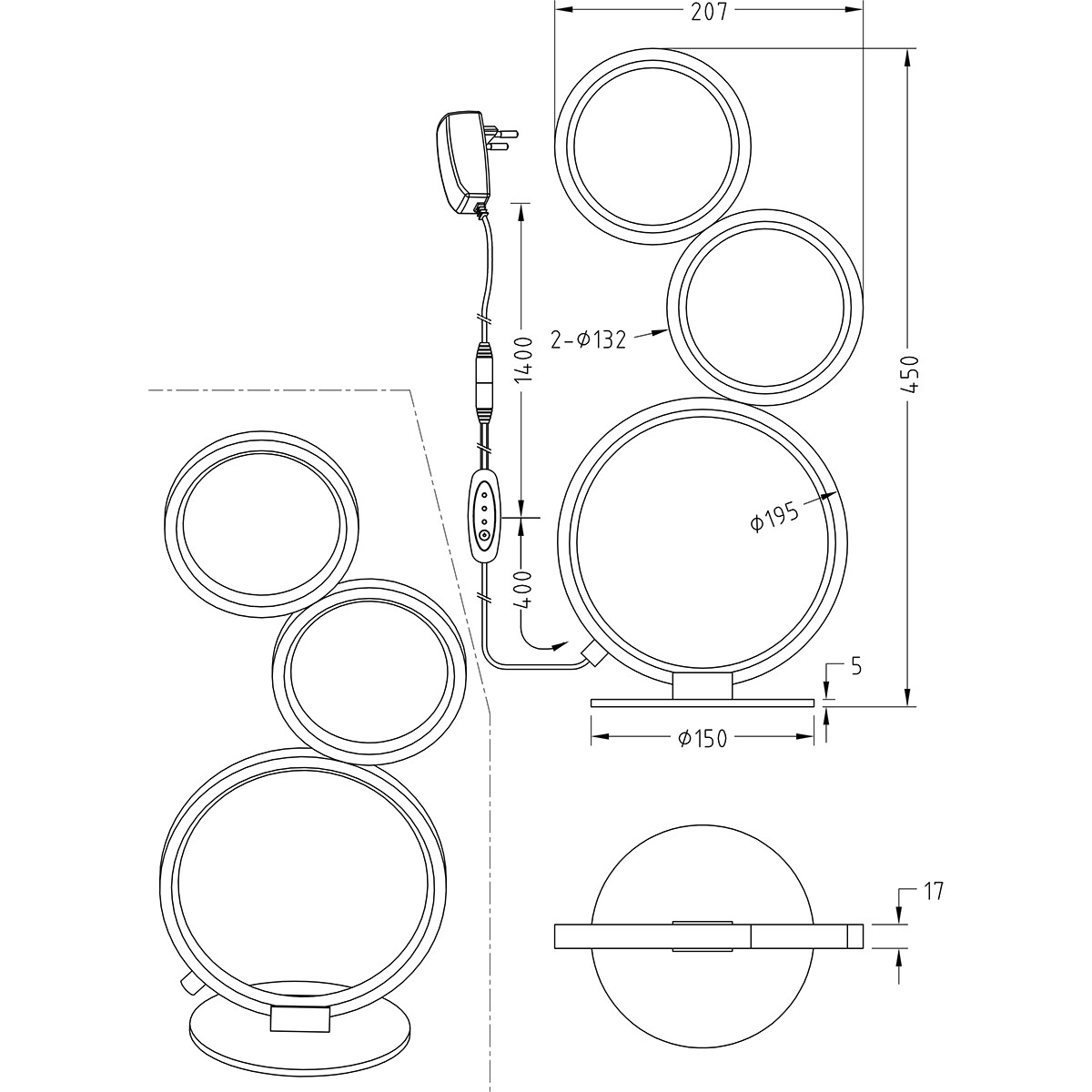 LED Tafellamp - Trion Rondy - 17W - Warm Wit 3000K - Dimbaar - Rond - Mat Zilver - Aluminium