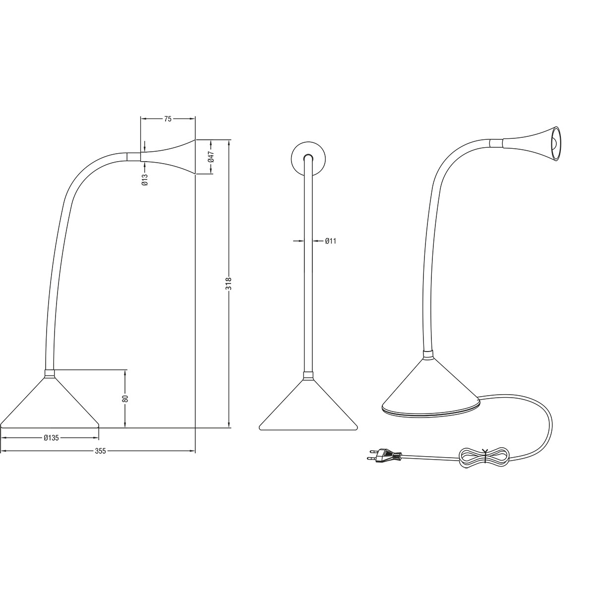 LED Bureaulamp - Trion Vipa - 3W - Warm Wit 3000K - Rond - Glans Zwart - Kunststof