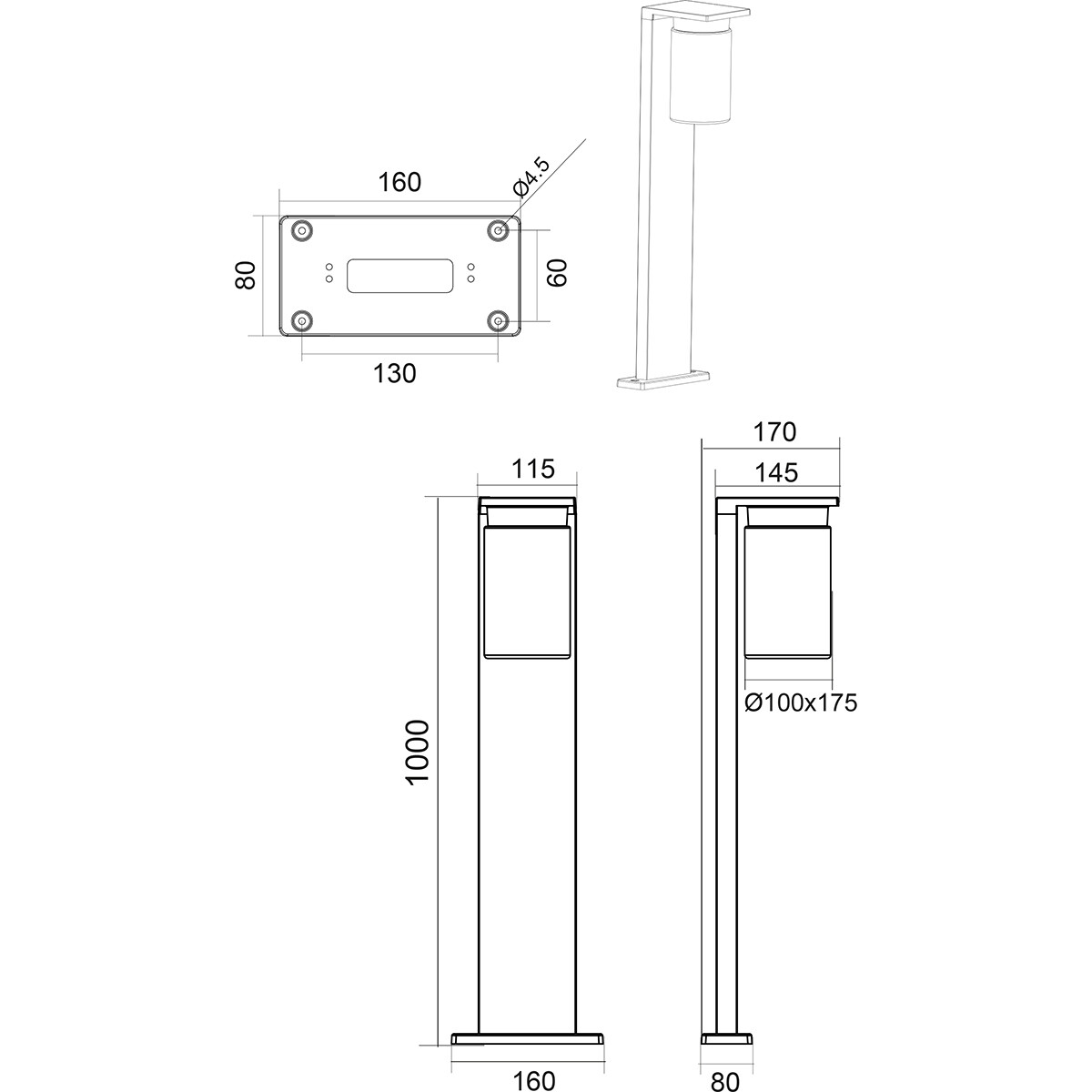 LED Tuinverlichting met Dag en Nacht Sensor - Staande Buitenlamp - Trion Ardola XL - E27 Fitting - Spatwaterdicht IP44 - Rechthoek - Mat Zwart - Aluminium