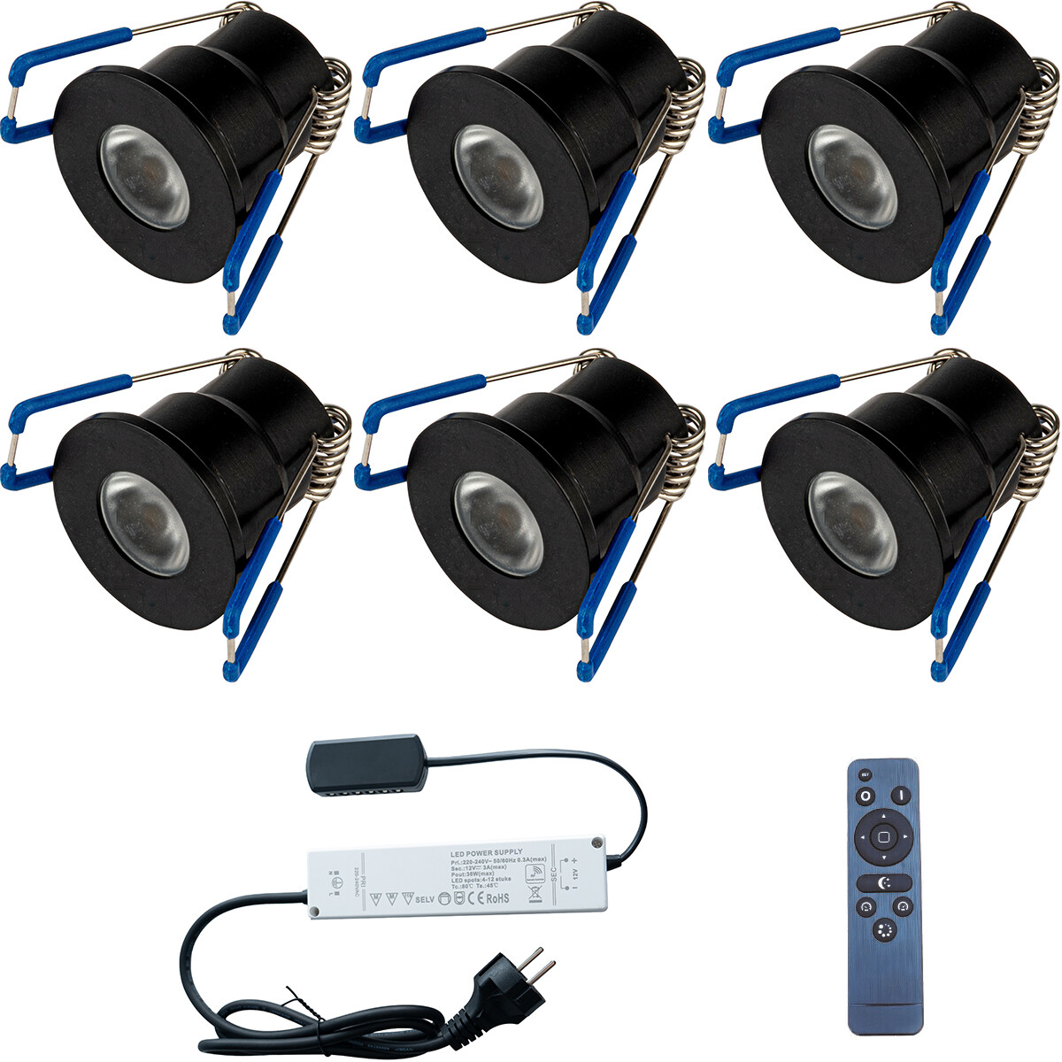 LED Veranda Spot Complete Set 6 Stuks 3W Warm Wit 3000K Dimbaar Waterdicht IP65 Inbouw Rond Mat Zwar