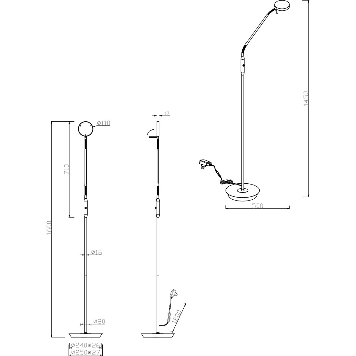 LED Vloerlamp - Trion Amon - 12W - Aanpasbare Kleur - Dimbaar - Rond - Mat Wit - Metaal