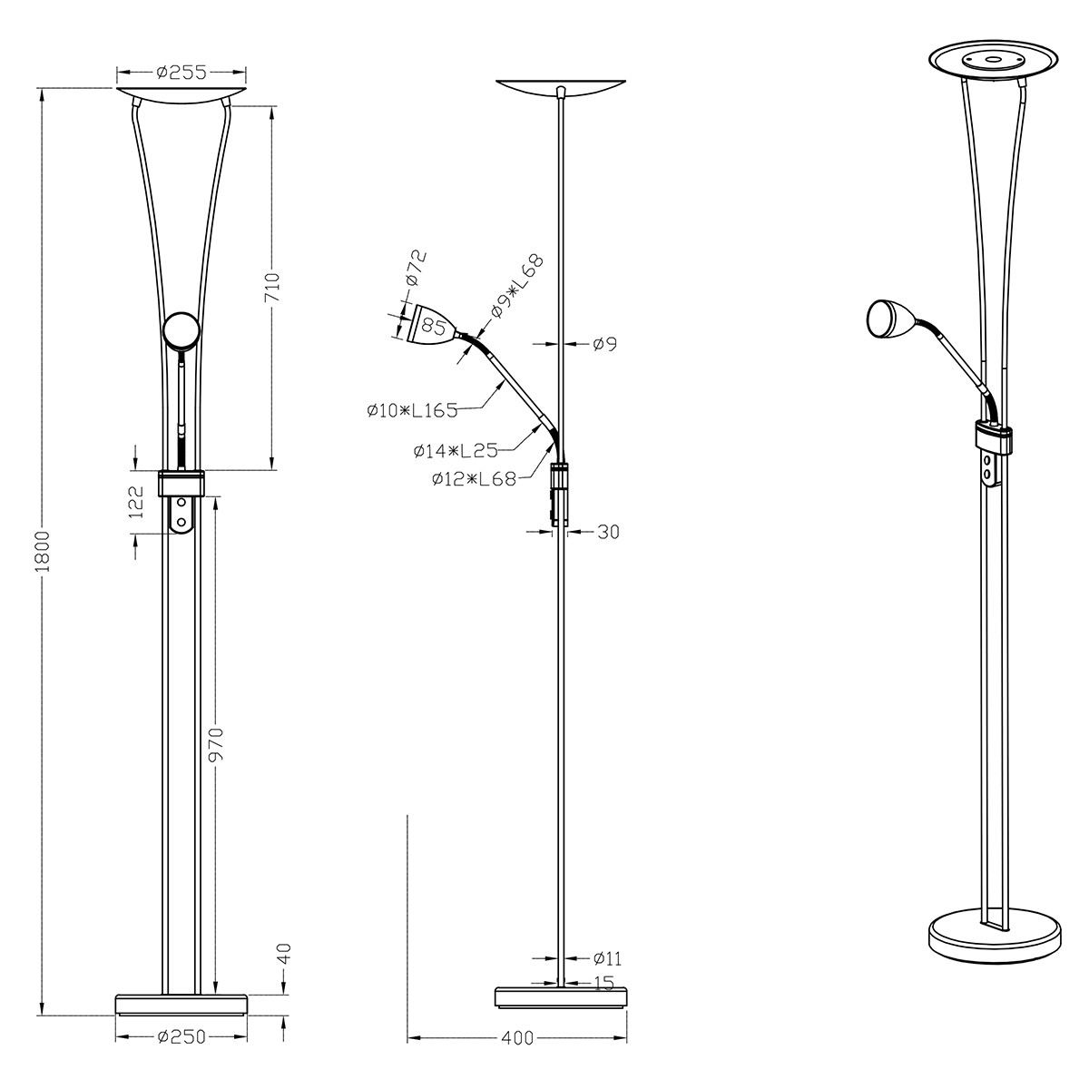 LED Vloerlamp - Trion Azorina - 20W + 5W - Warm Wit 3000K - 2-lichts - Dimbaar - Rond - Mat Goud - Aluminium