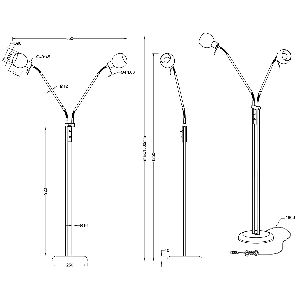 LED Vloerlamp - Trion Besina - E14 Fitting - 2-lichts - Flexibele Arm - Rond - Mat Nikkel - Aluminium