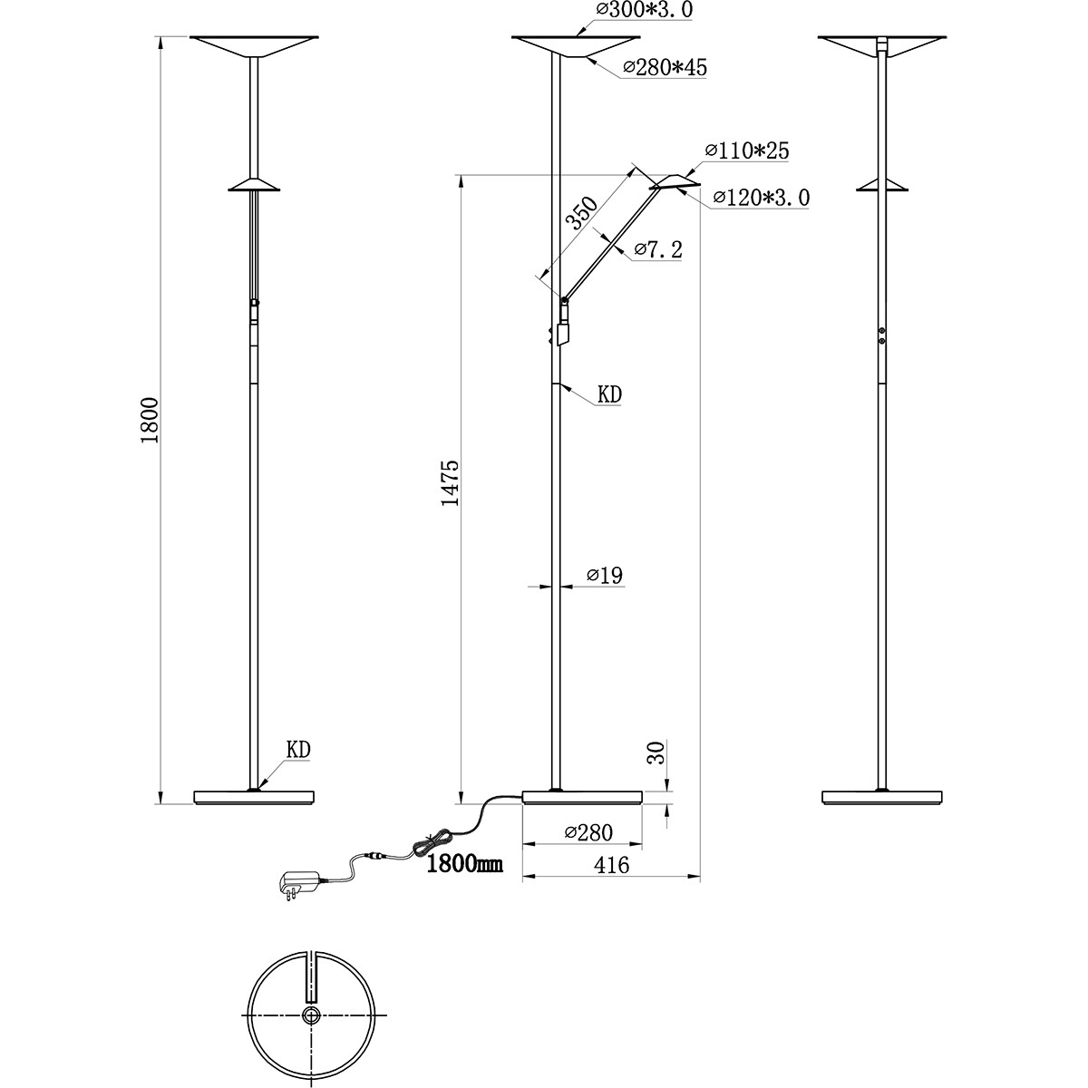 LED Vloerlamp - Trion Bravo - 36.5W - Aanpasbare Kleur - Dimbaar - Rond - Mat Zwart - Aluminium