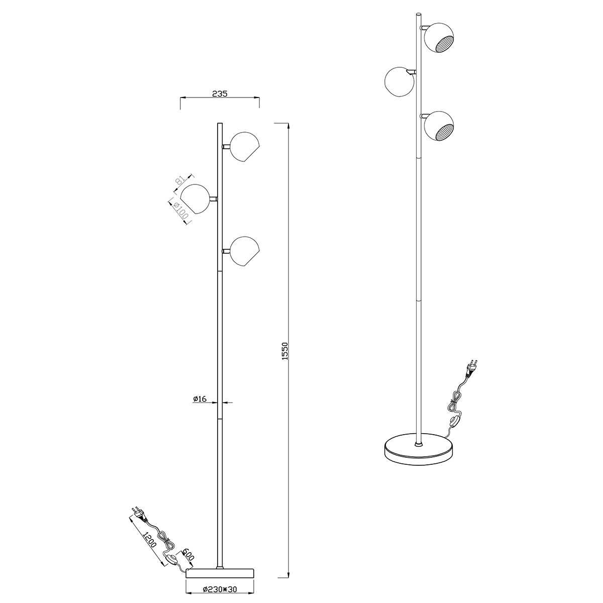 LED Vloerlamp - Trion Dakani - G9 Fitting - 3-lichts - Rond - Mat Zwart - Aluminium