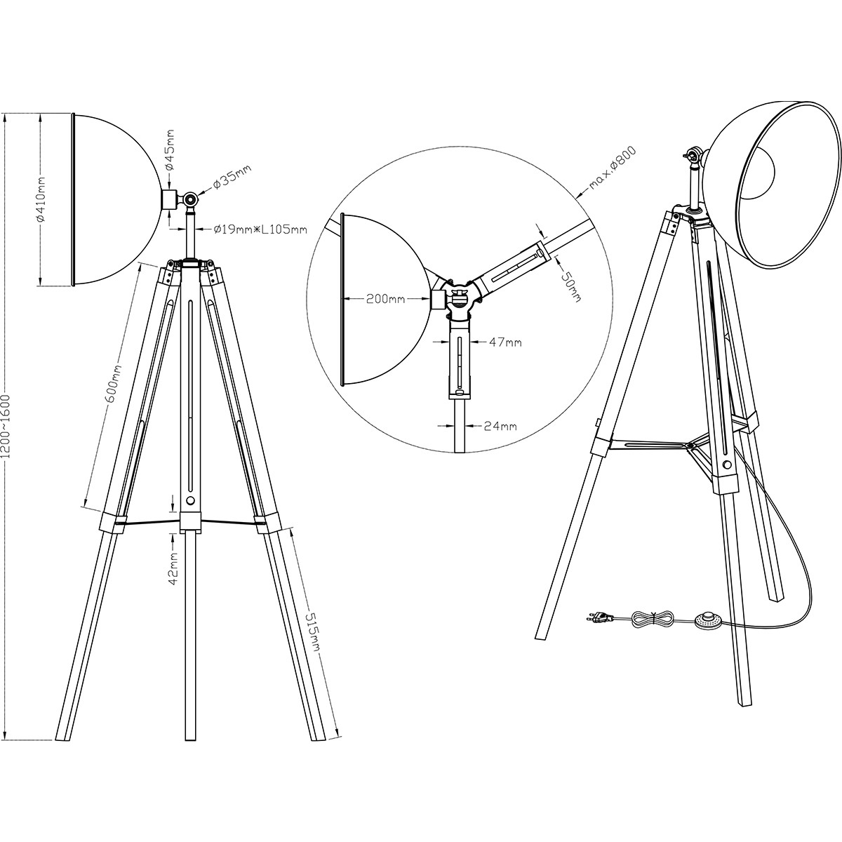 LED Vloerlamp - Trion Legie - E27 Fitting - 1-lichts - Verstelbaar - Rond - Mat Zwart - Hout/Aluminium