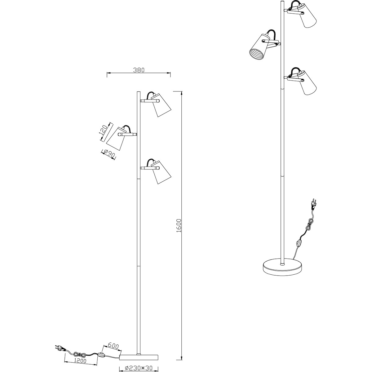 LED Vloerlamp - Trion Edwy - E14 Fitting - 3-lichts - Rond - Mat Zwart - Aluminium