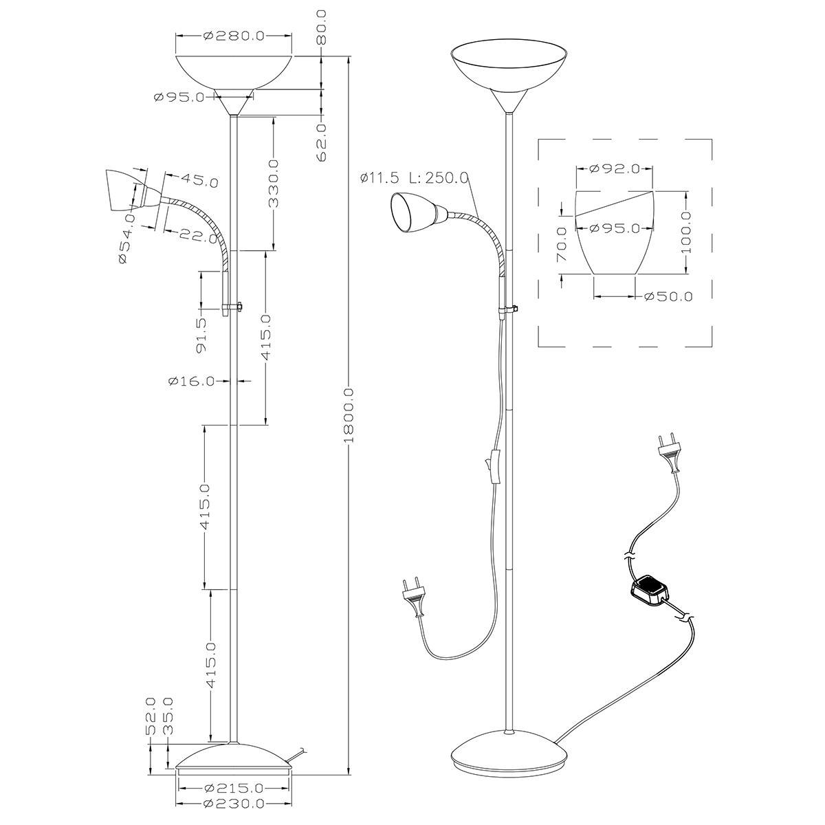 LED Vloerlamp - Trion Erza - E27 Fitting - Rond - Mat Titaan - Aluminium