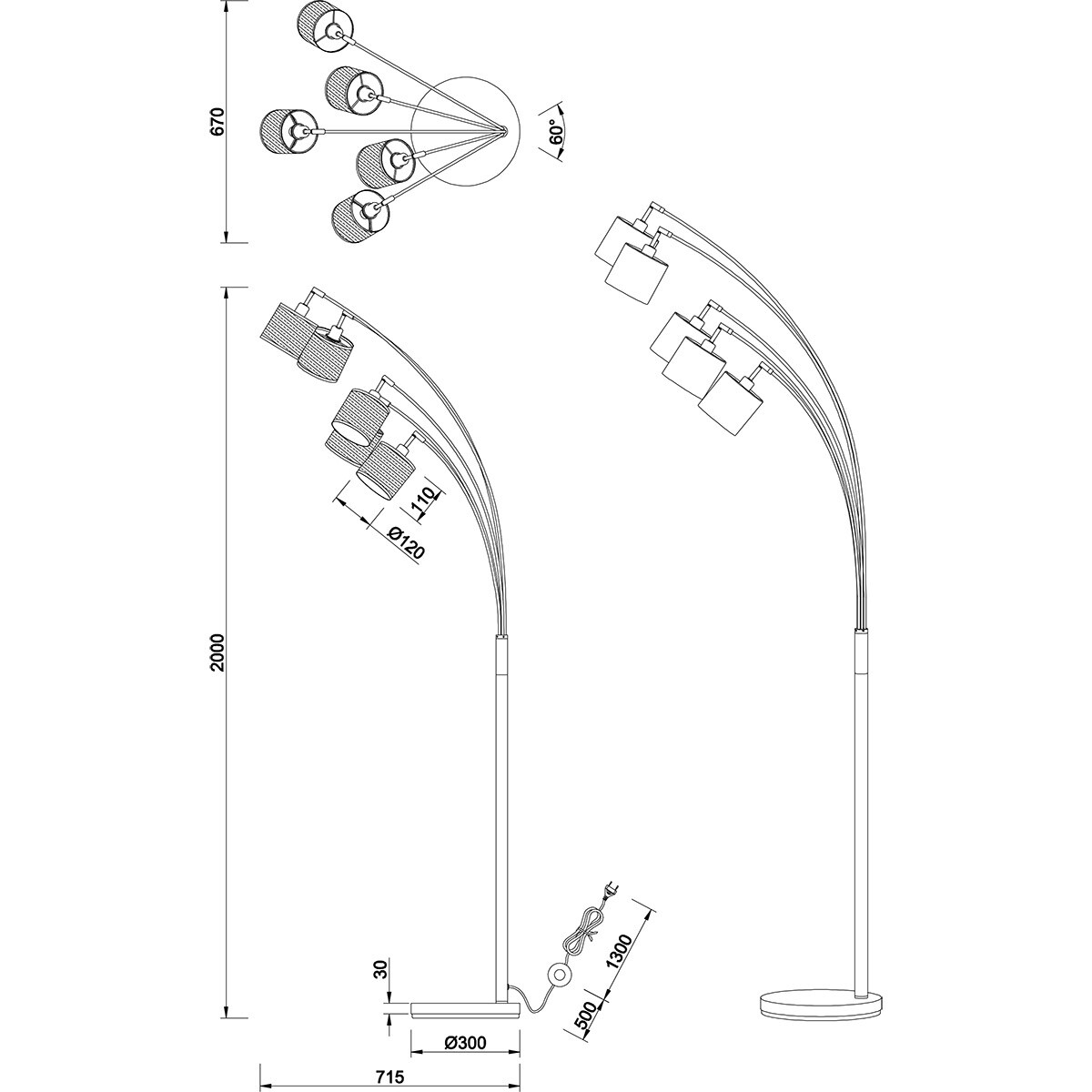 LED Vloerlamp - Trion Lazo - E14 Fitting - 5-lichts - Rond - Mat Zwart - Metaal