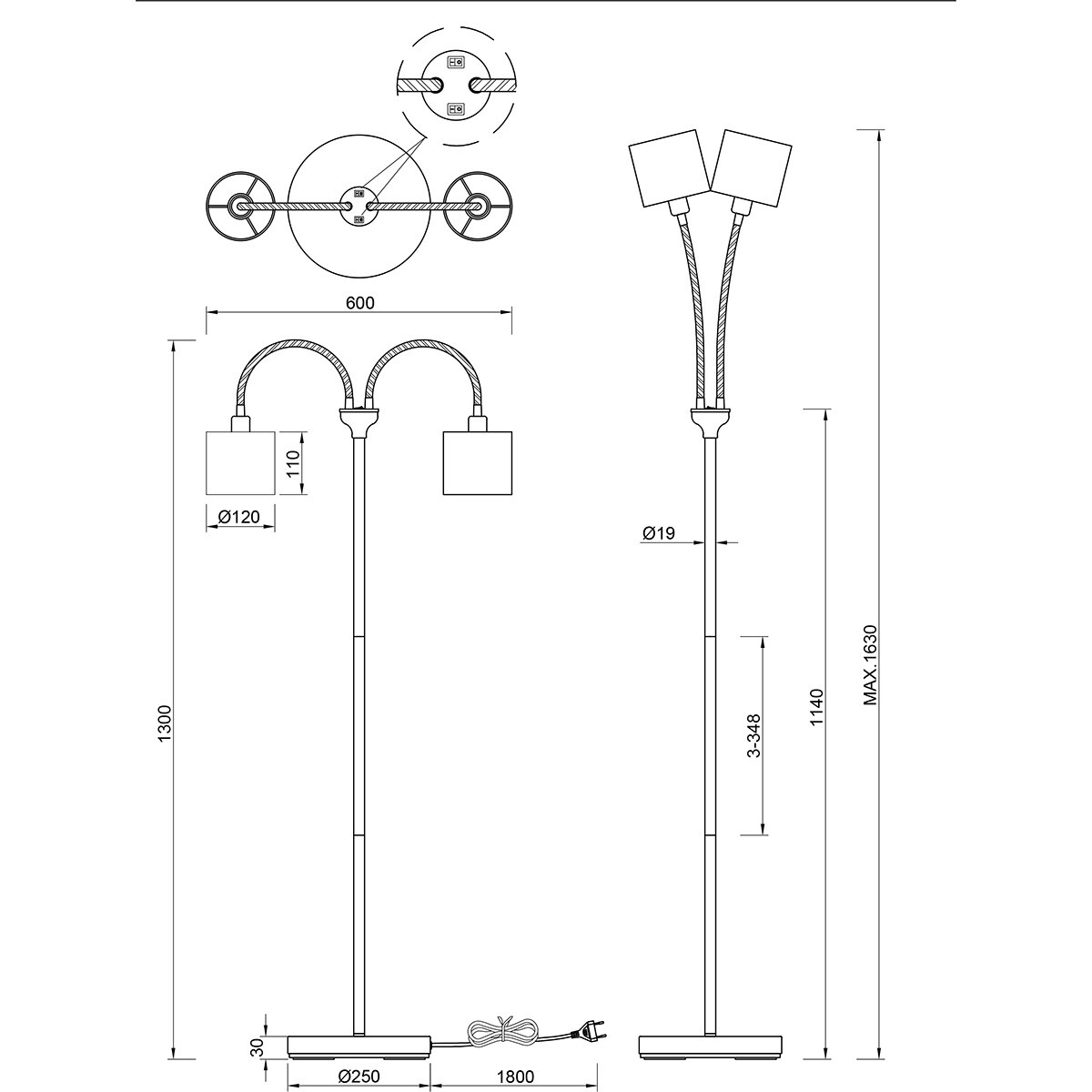 LED Vloerlamp - Trion Moty - E14 Fitting - 2-lichts - Rond - Mat Zwart - Metaal