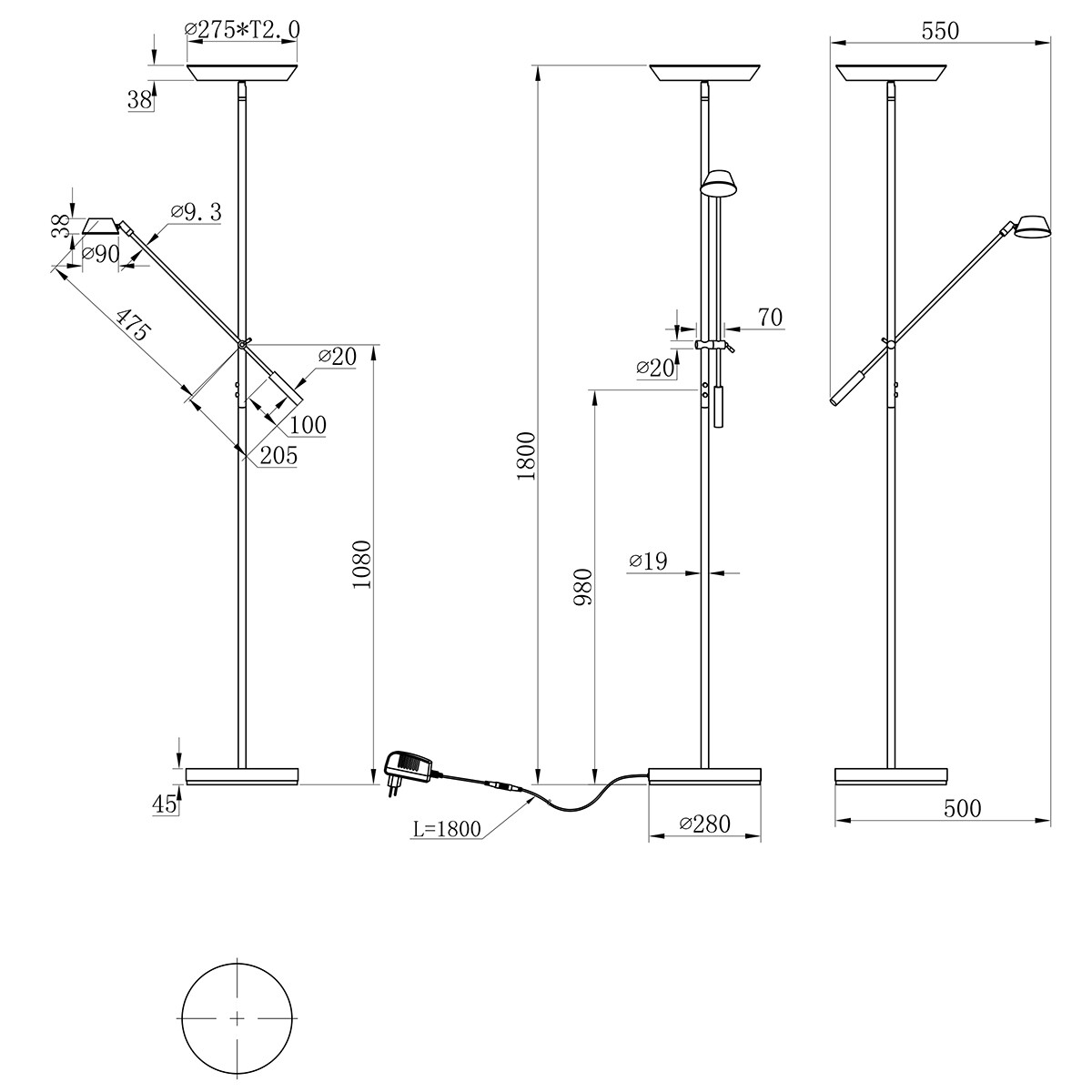 LED Vloerlamp - Trion Ohara - 20.5W - Warm Wit 3000K - Dimbaar - Rond - Mat Zwart - Aluminium