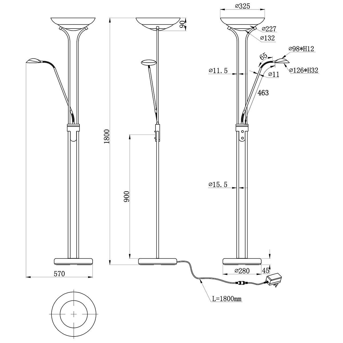 LED Vloerlamp - Trion Orsan - 31W - Warm Wit 3000K - Dimbaar - Rond - Mat Zwart - Aluminium