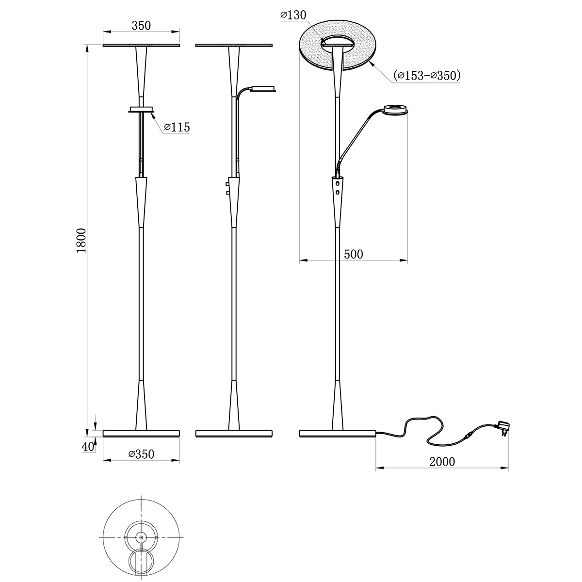 LED Vloerlamp - Trion Qubico - 34W + 5W - Aanpasbare Kleur - 2-lichts - Dimbaar - Rond - Mat Goud - Aluminium