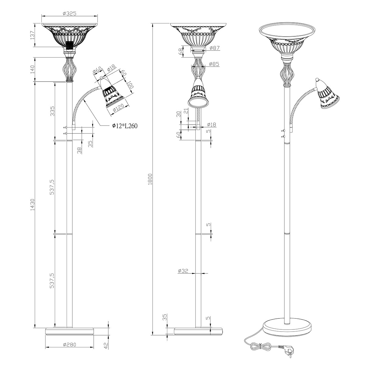 LED Vloerlamp - Trion Rustina - E27/E14 Fitting - 2-lichts - Rond - Roestkleur - Aluminium