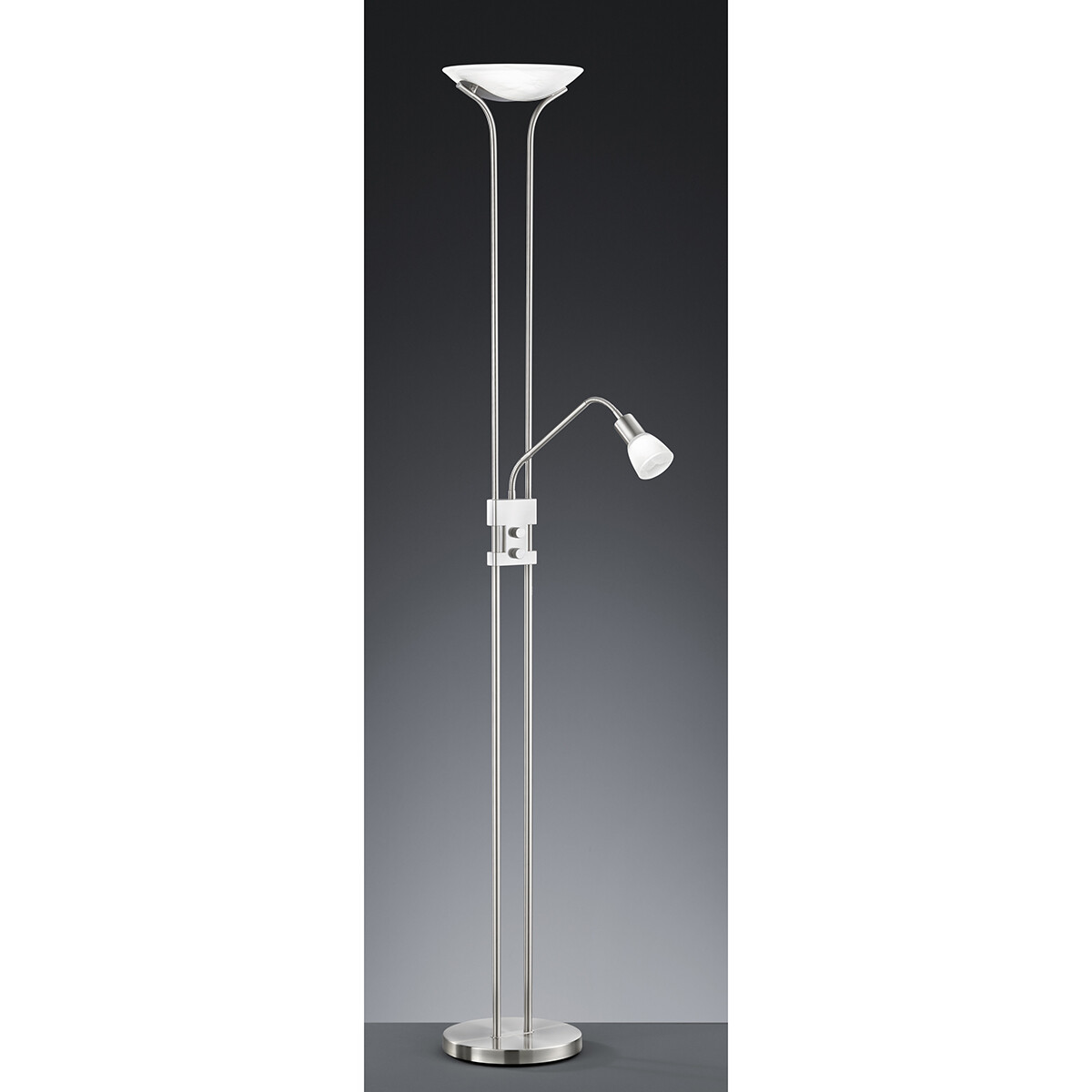 LED Vloerlamp - Trion Santoni - 20W - Warm Wit 3000K - 2-lichts - Dimbaar - Rond - Mat Nikkel - Aluminium