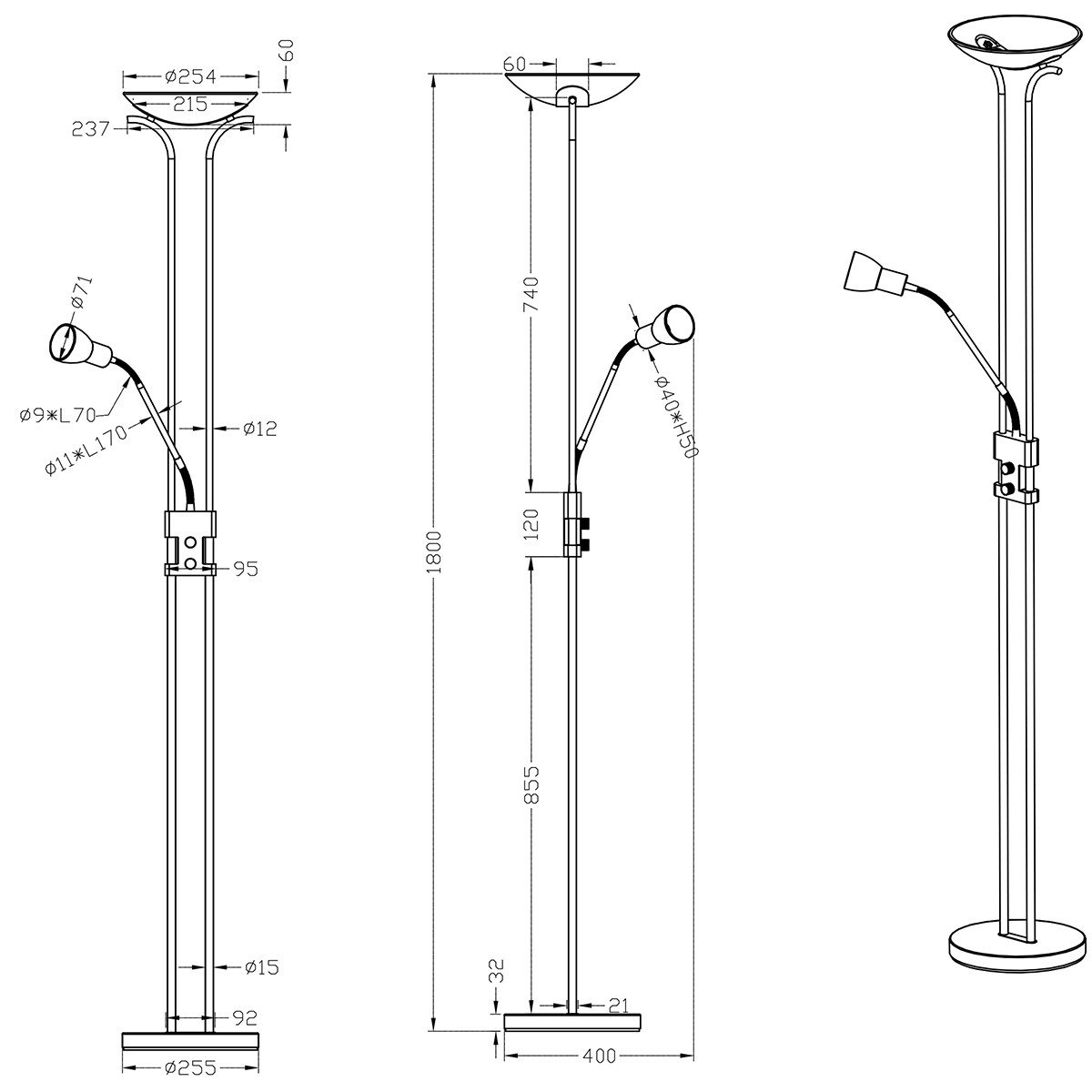 LED Vloerlamp - Trion Santoni - 20W - Warm Wit 3000K - 2-lichts - Dimbaar - Rond - Mat Nikkel - Aluminium