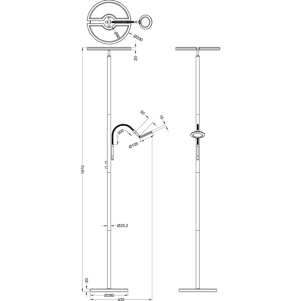 LED Vloerlamp - Trion Spat - 20W + 3W - Aanpasbare Kleur - 2-lichts - Dimbaar - Rond - Mat Chroom - Aluminium