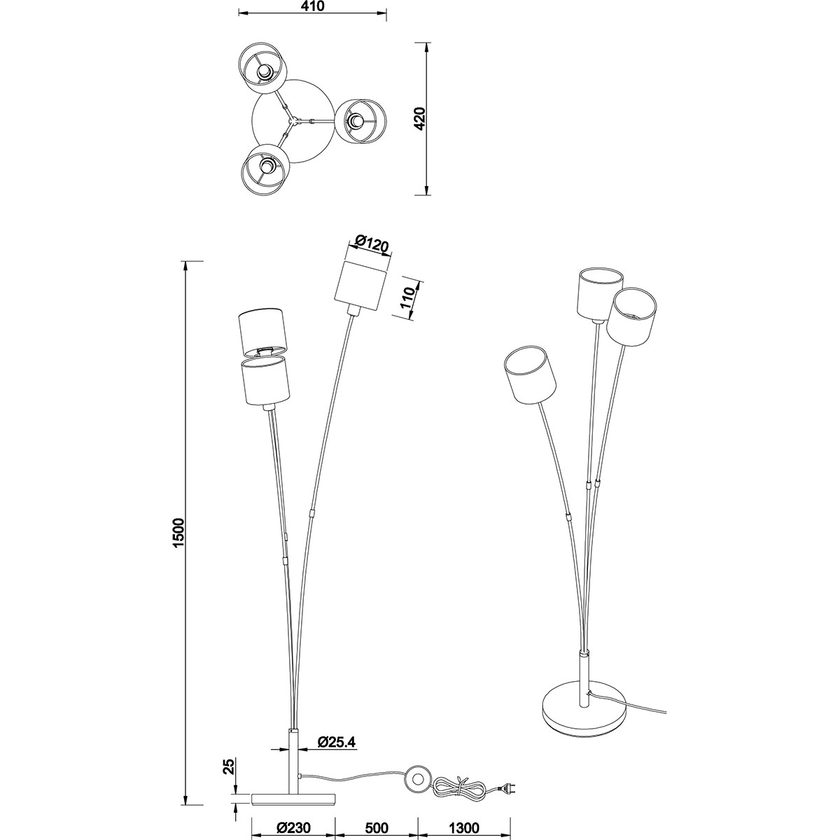 LED Vloerlamp - Trion Torry - E14 Fitting - 3-lichts - Rond - Mat Zwart/Goud - Aluminium - Max. 40W