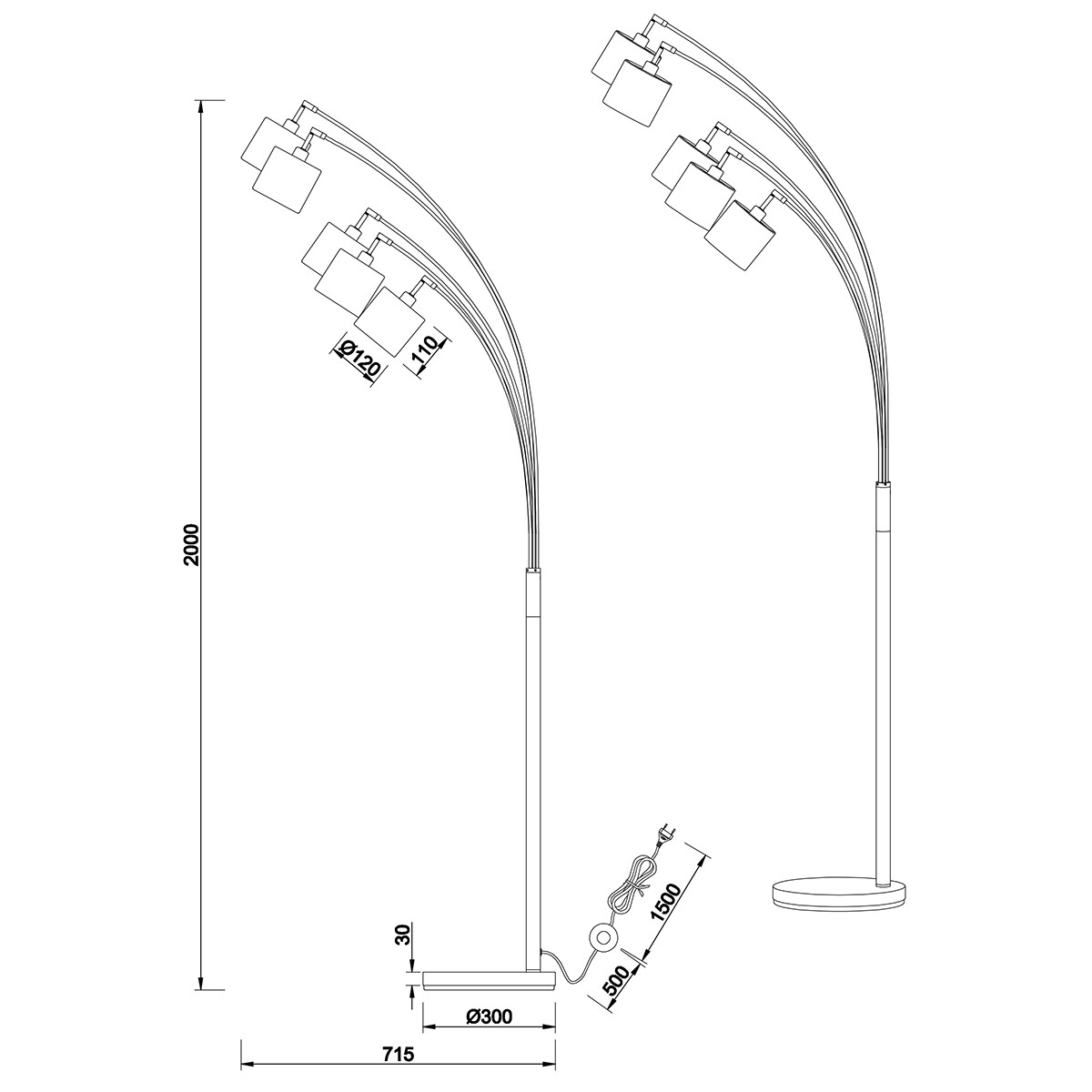 LED Vloerlamp - Trion Torry - E14 Fitting - 5-lichts - Rond - Mat Nikkel - Aluminium - Max. 28W