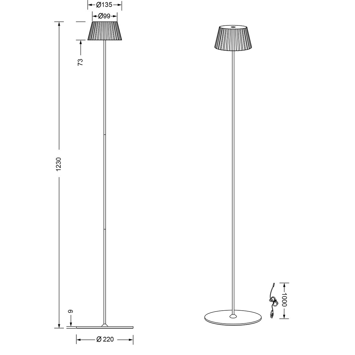 LED Vloerlamp - Trion Uraz - 1.5W - Warm Wit 3000K - Spatwaterdicht IP44 - USB Oplaadbaar - Rond - Mat Wit - Metaal