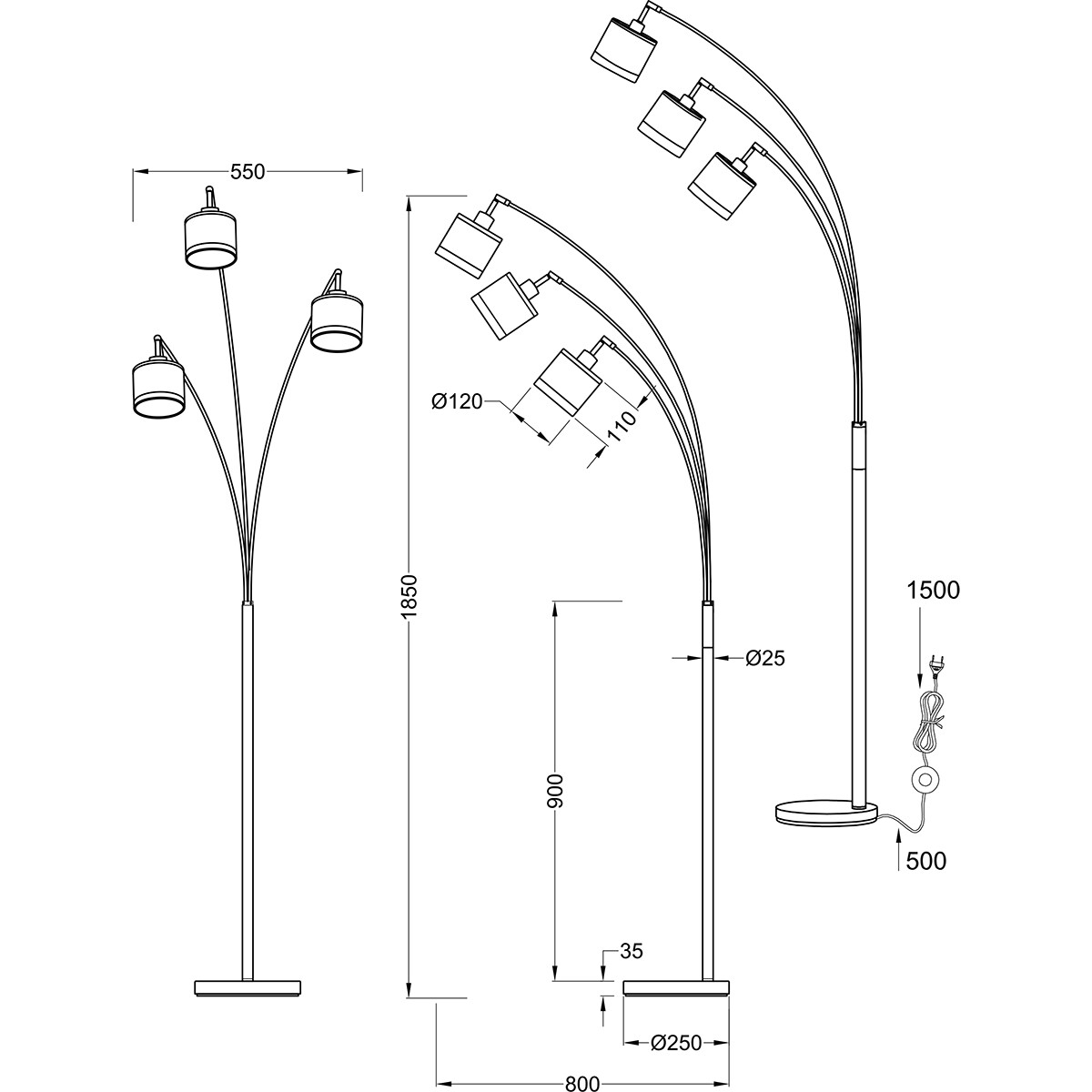 LED Vloerlamp - Trion Vamos - E14 Fitting - 3-lichts - Rond - Chroom - Metaal