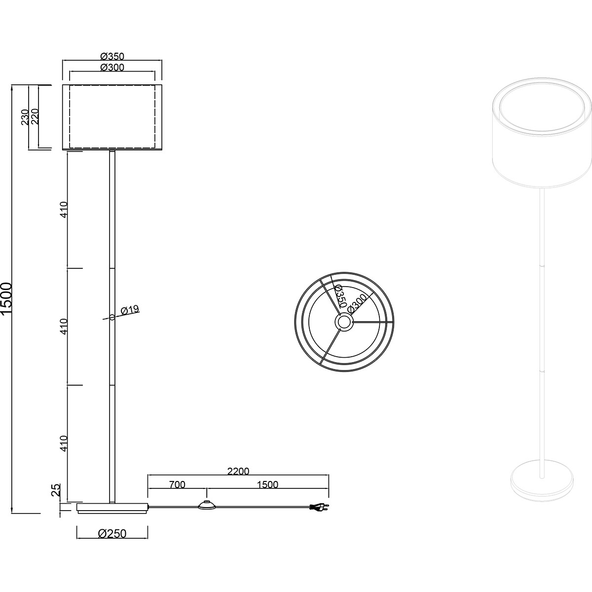 LED Vloerlamp - Vloerverlichting - Trion Bidon - E27 Fitting - 1-lichts - Rond - Mat Zwart - Aluminium - Tot 40W