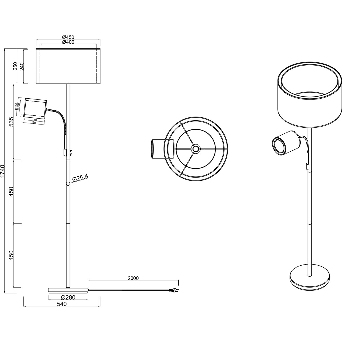 LED Vloerlamp - Vloerverlichting - Trion Bidon - E27 Fitting - 1-lichts - Rond - Mat Zwart - Aluminium - Tot 60W