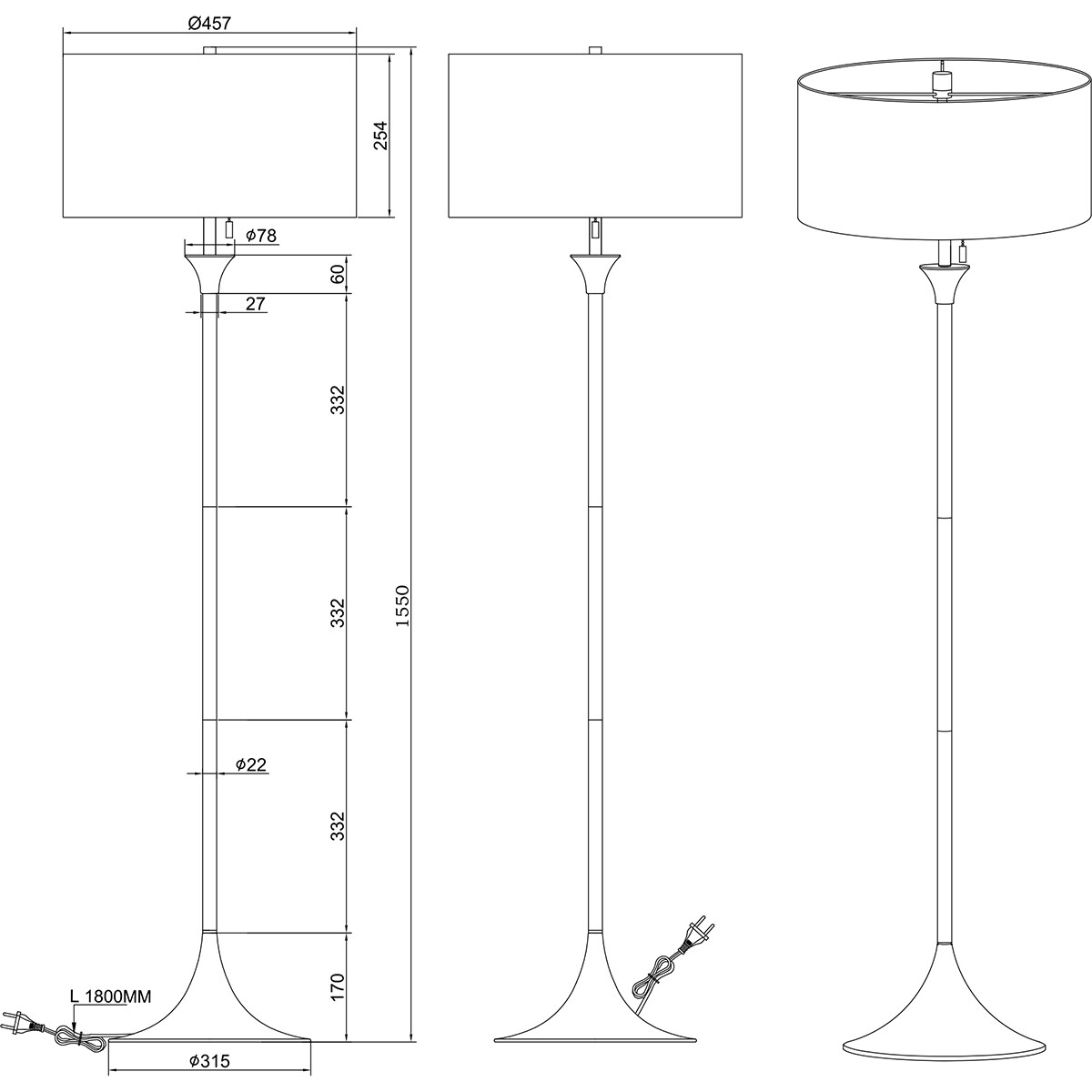 LED Vloerlamp - Vloerverlichting - Trion Safari - E27 Fitting - 3-lichts - Rond - Mat Zwart - Aluminium