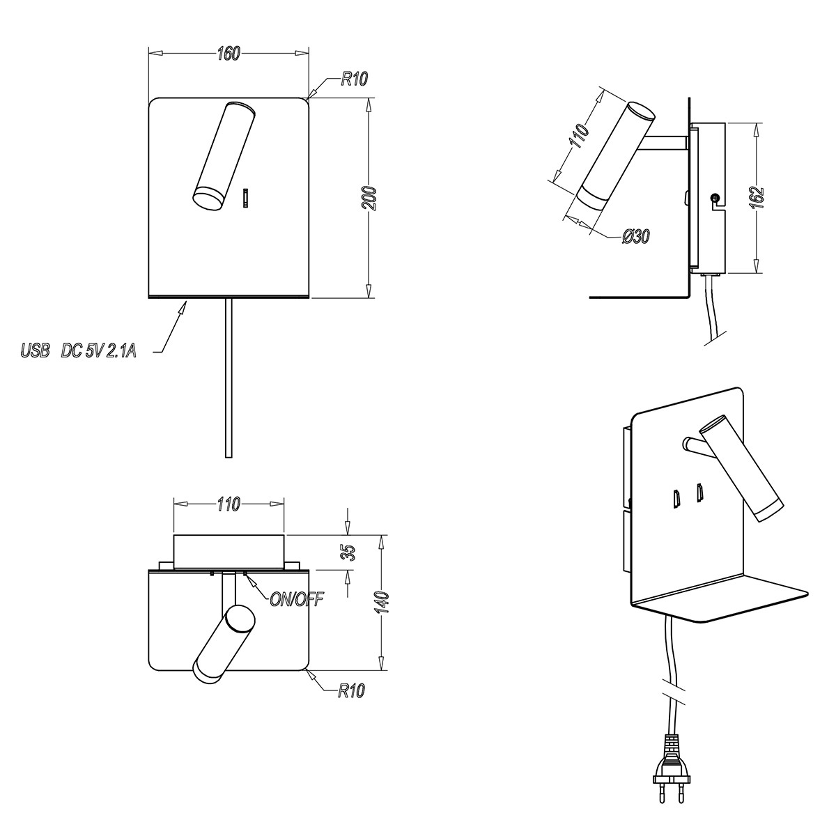 LED Wandlamp - Trion Elonant - 6W - Warm Wit 3000K - USB Oplaadfunctie - Mat Wit - Aluminium