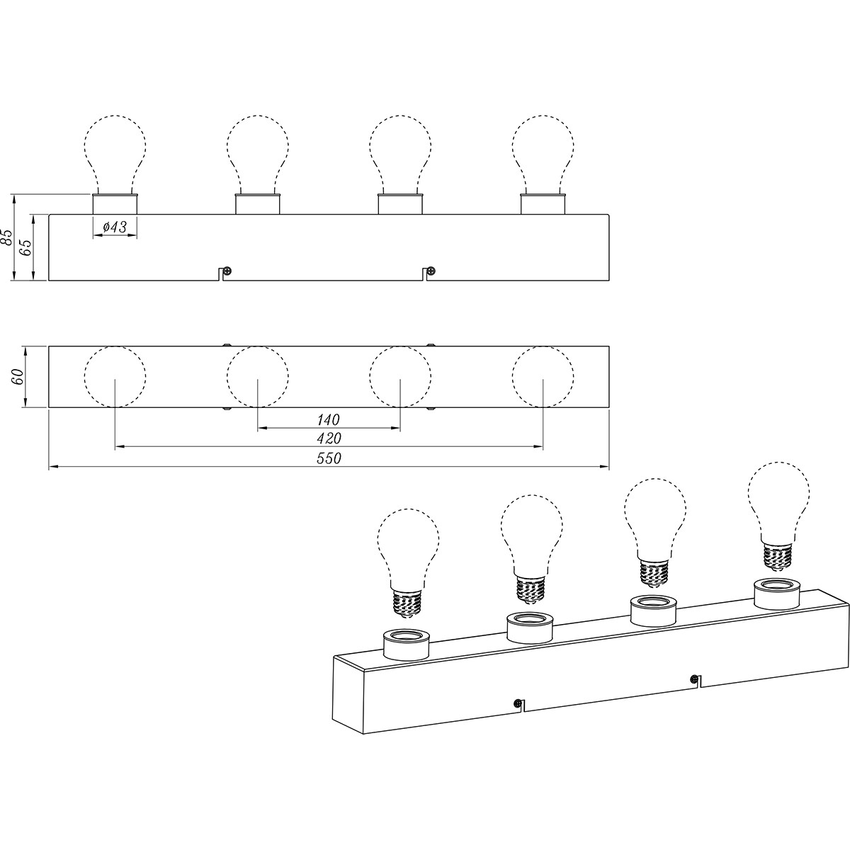 LED Wandlamp - Trion Teatri - E27 Fitting - Spatwaterdicht IP44 - Rechthoek - Mat Chroom - Aluminium