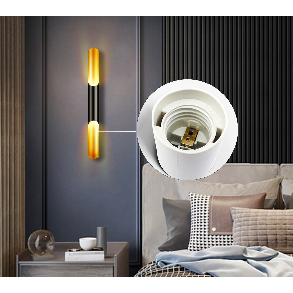 LED Wandlamp - Wandverlichting - Aigi Hataki Up and Down - E27 Fitting - 2-lichts - Rond - Mat Zwart/Goud - Aluminium