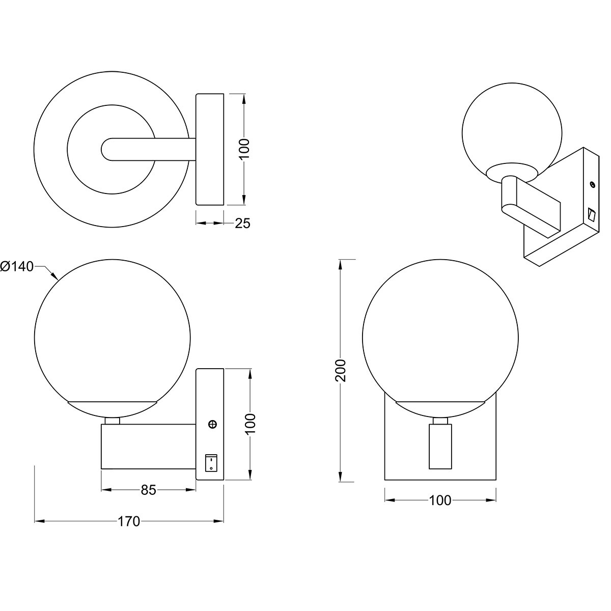 LED Wandlamp - Wandverlichting - Trion Aluk - E14 Fitting - Rond - Mat Zwart - Metaal