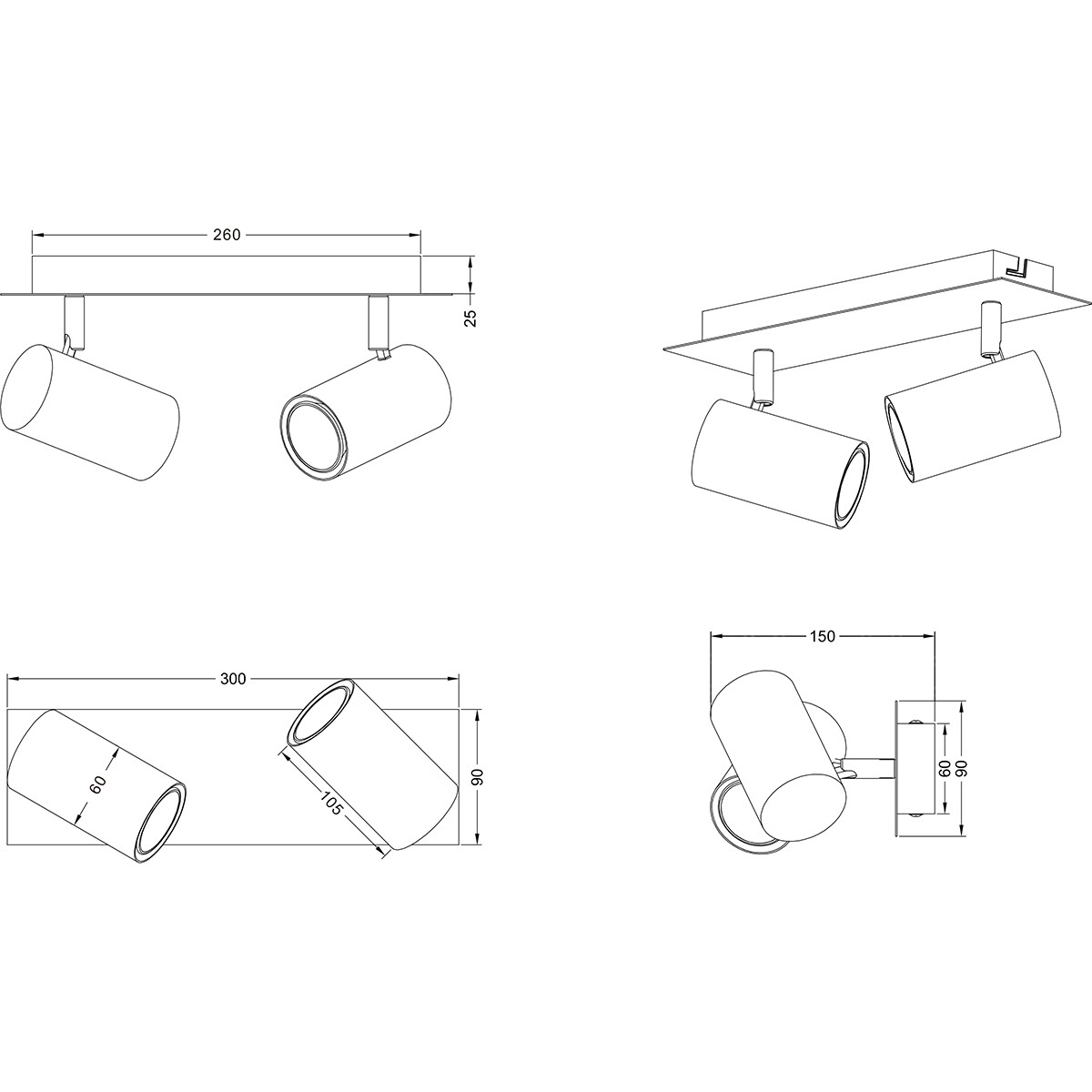 LED Plafondspot - Trion Milona - GU10 Fitting - 2-lichts - Rond - Mat Zwart/Goud - Aluminium