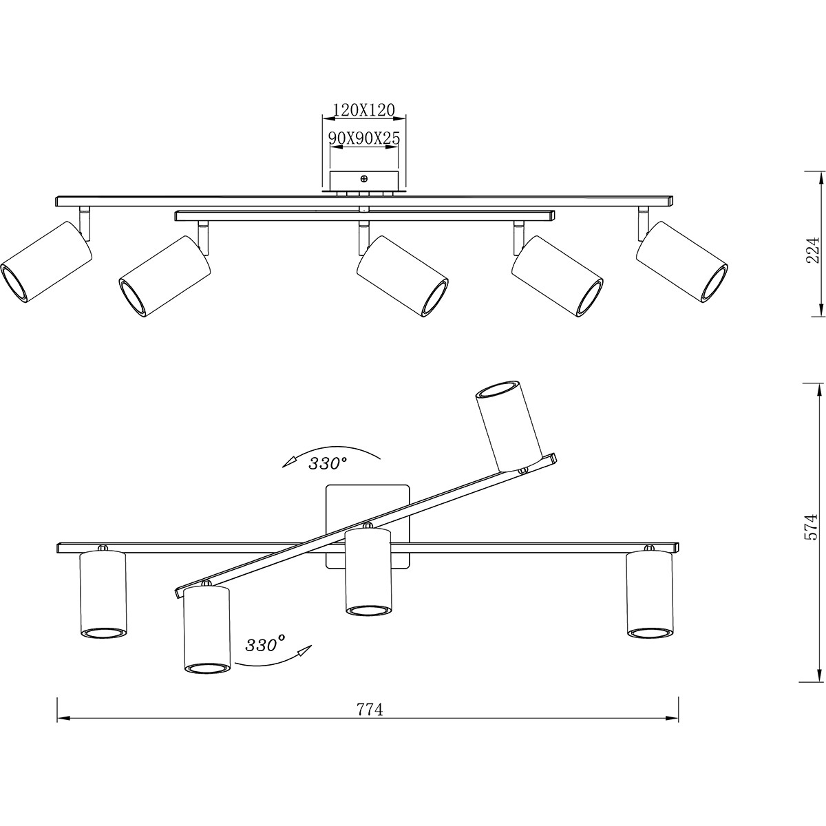 LED Plafondspot - Trion Milona - GU10 Fitting - 5-lichts - Rond - Mat Zwart/Goud - Aluminium