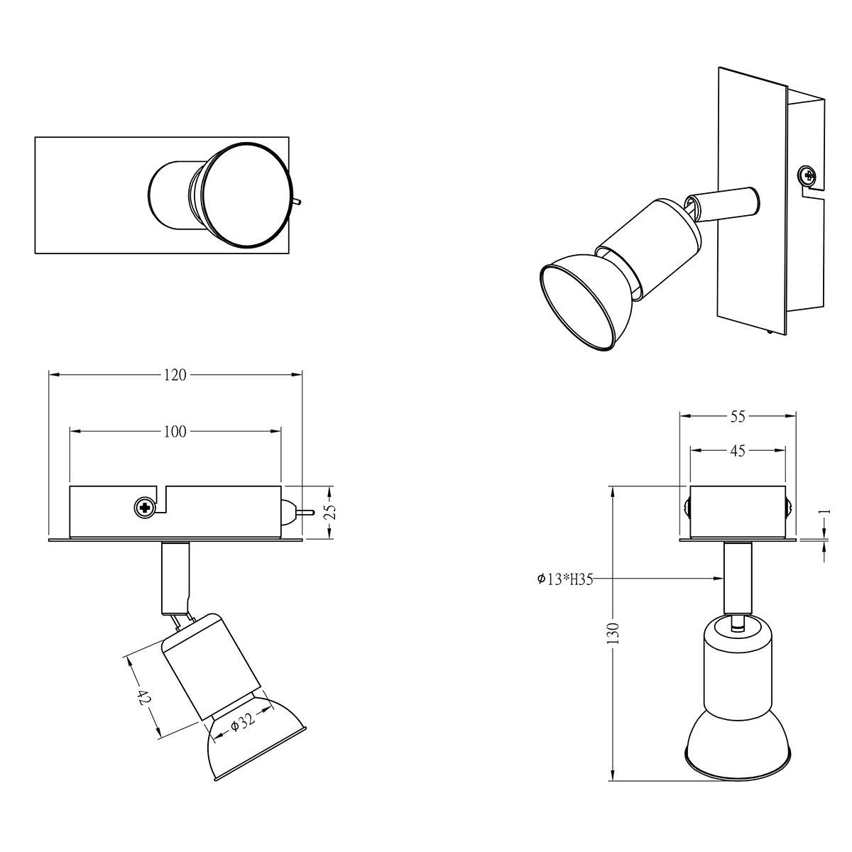 LED Wandspot - Trion Nimo - GU10 Fitting - 3W - Warm Wit 3000K - 1-lichts - Rechthoek - Mat Nikkel - Aluminium