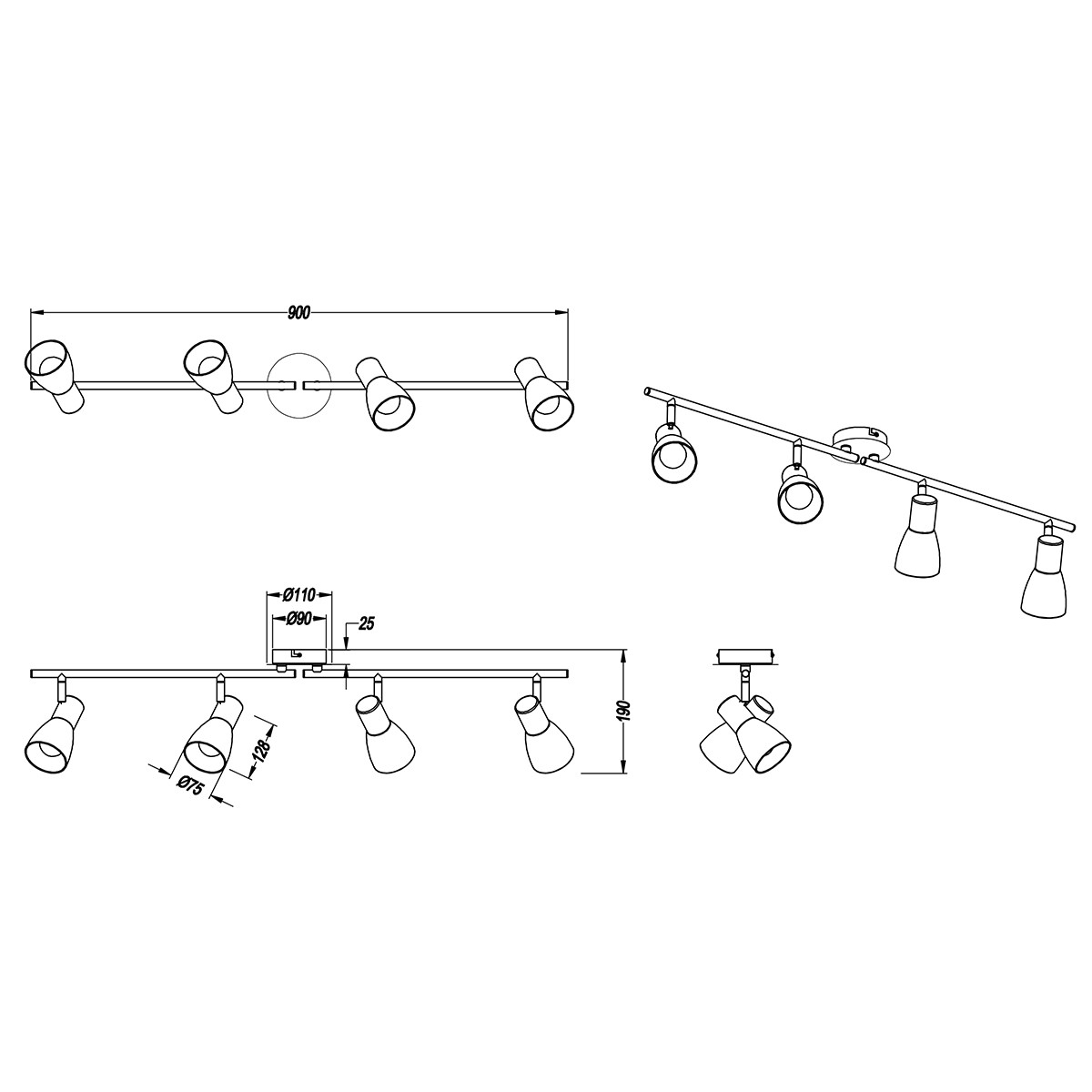 LED Plafondspot - Trion Vosta - E14 Fitting - 16W - Warm Wit 3000K - 4-lichts - Rechthoek - Mat Nikkel - Aluminium