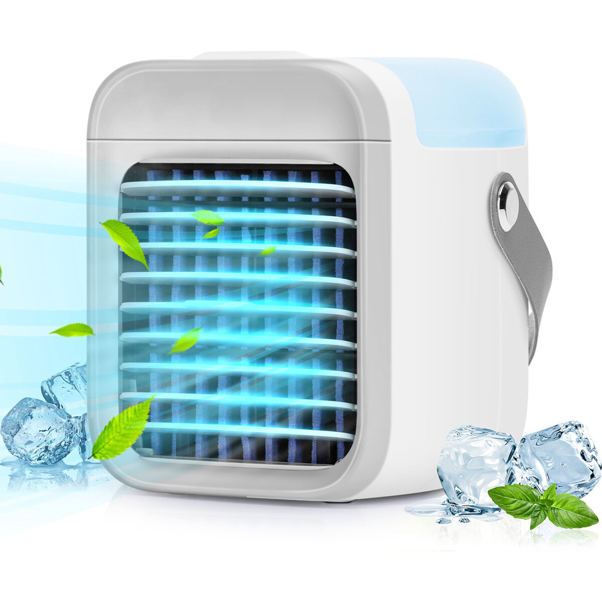 Mini Aircooler met LED Verlichting - Aigi Cuby - Mistventilator - Mini Tafelventilator - Luchtkoeler - USB Oplaadbaar - Wit product afbeelding